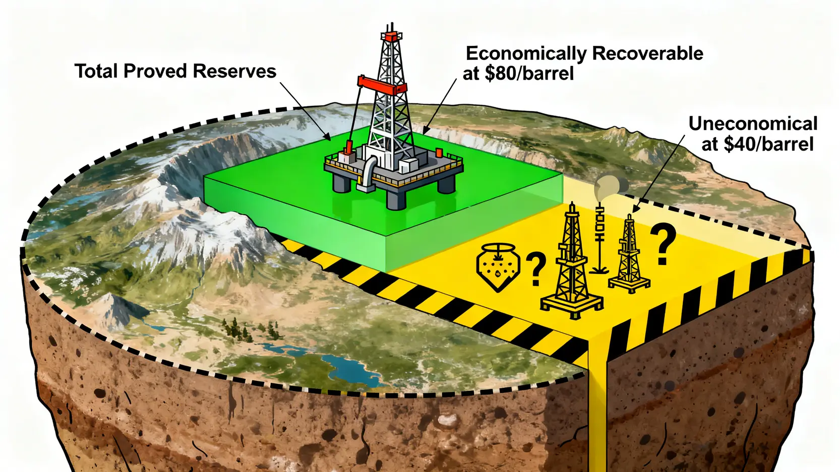 一張圖解釋探明儲量與經濟可開採量之間的差異,顯示僅有一部分儲量在當前油價下具備開採價值。