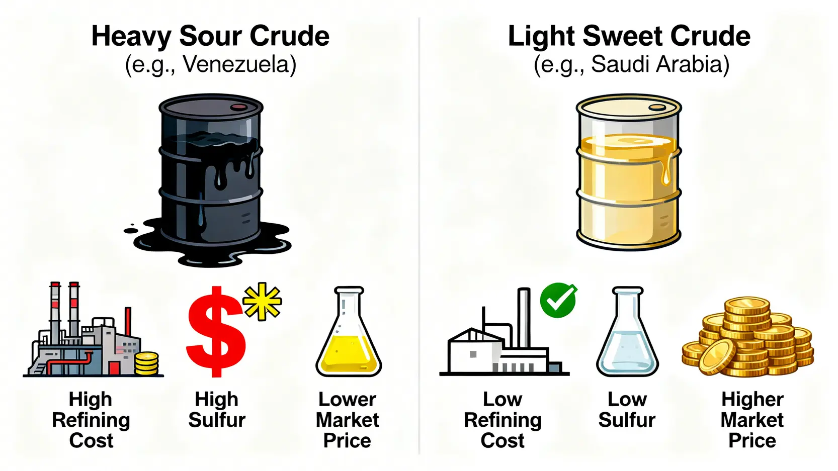 重質含硫原油與輕質低硫原油的對比圖,顯示兩者在提煉成本和市場價值上的巨大差異。