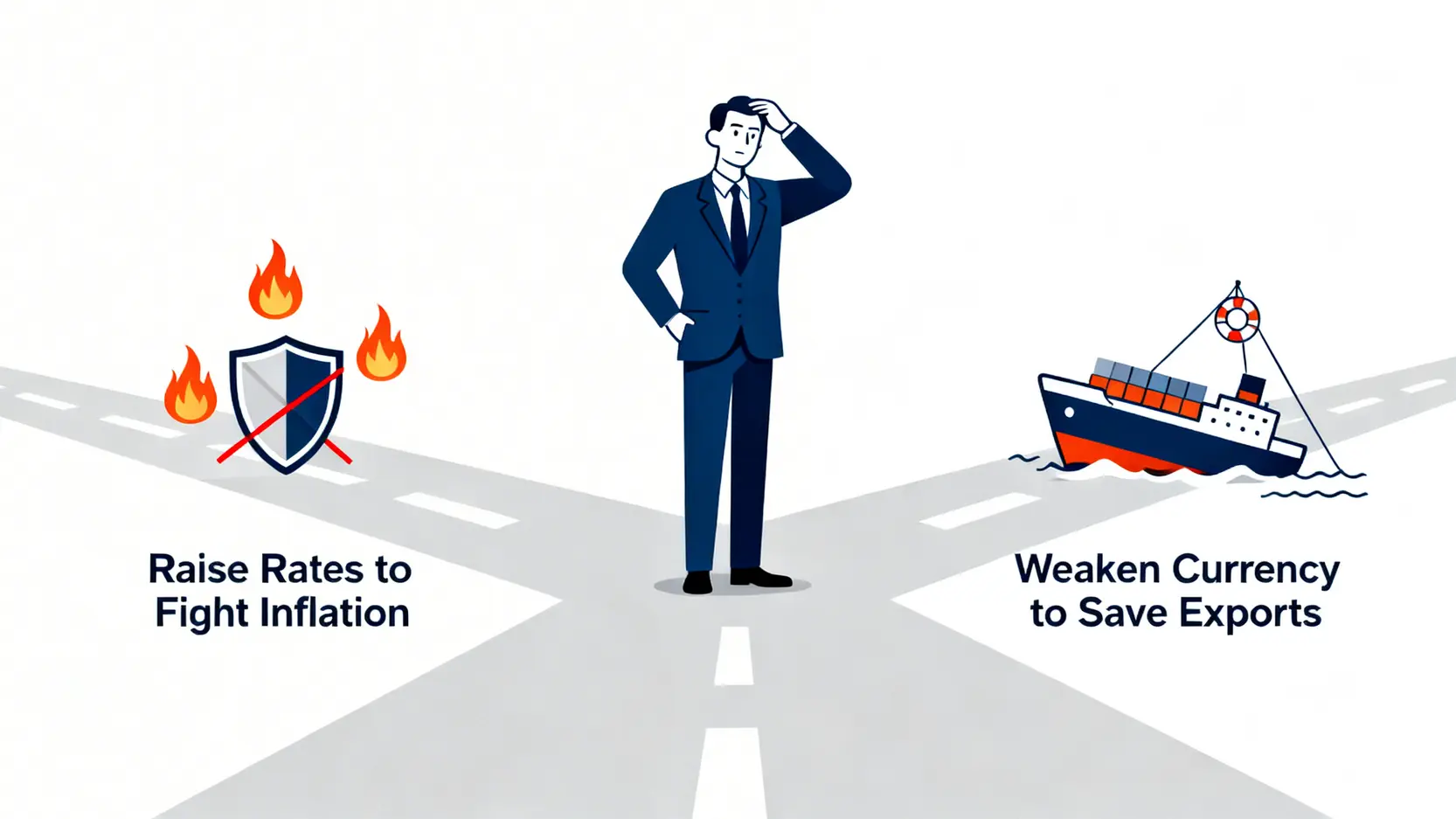 央行面臨升息抗通膨與貶值救出口的兩難選擇示意圖。