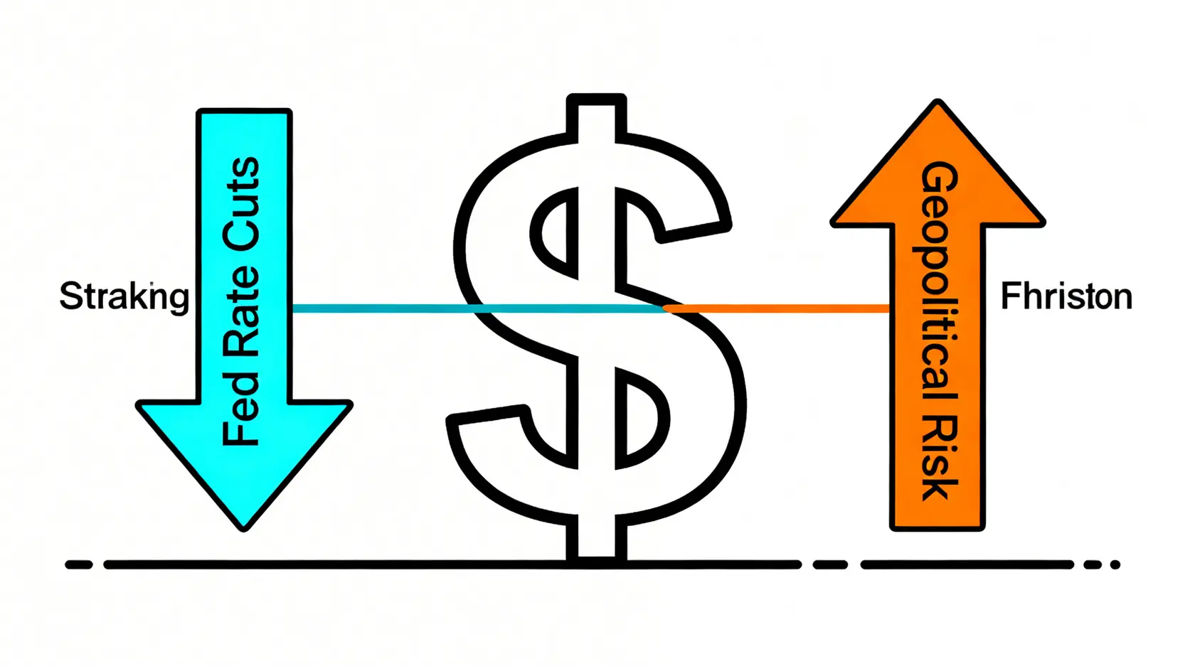 一張概念圖,顯示美元符號被兩股相反的力量拉扯:一股是代表聯準會降息的向下力量,另一股是代表地緣政治風險的向上力量,象徵2026年美元走勢的不確定性。