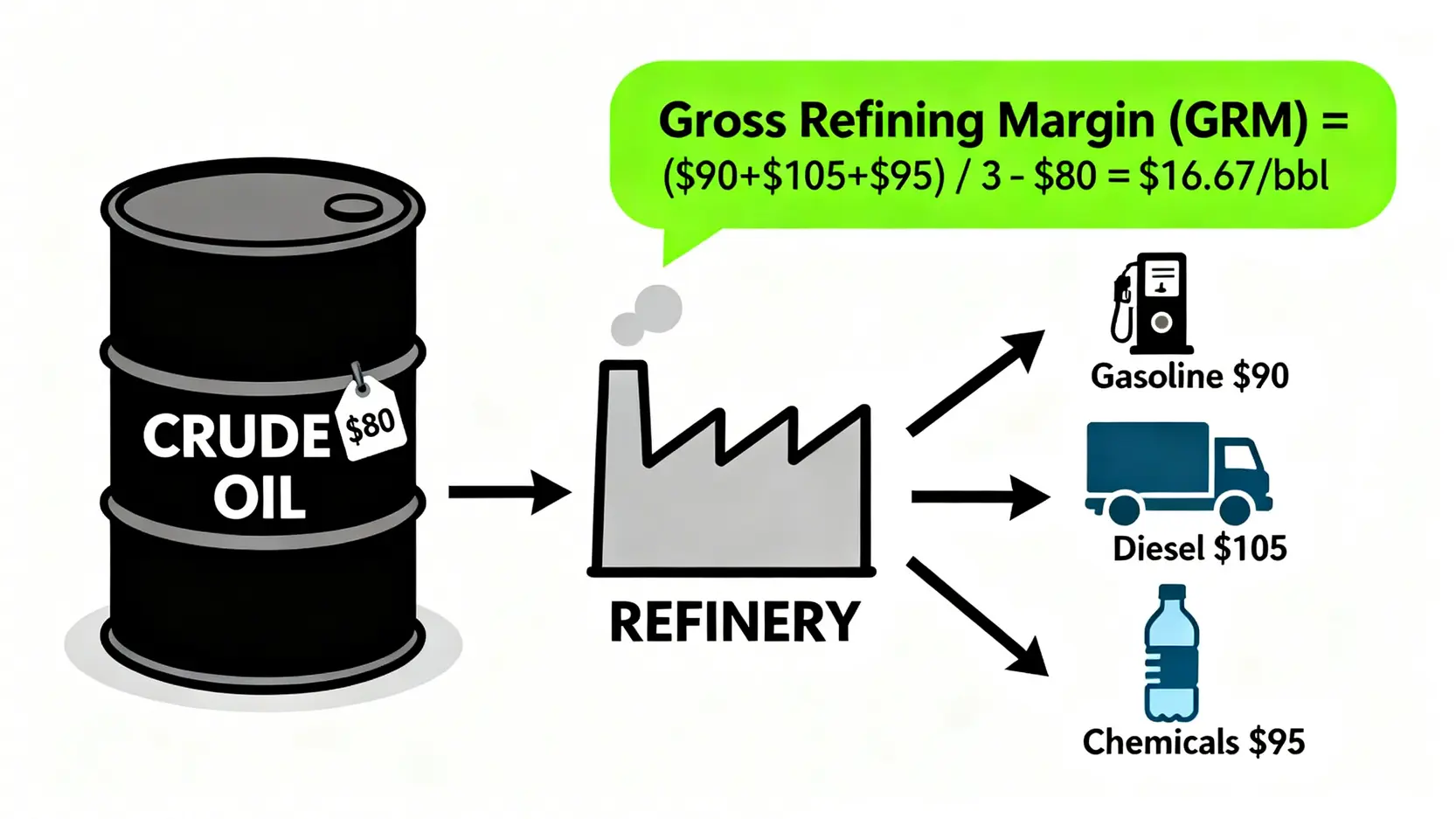 煉油毛利GRM概念示意圖,展示原油經過提煉後產生成品油的價值提升過程。