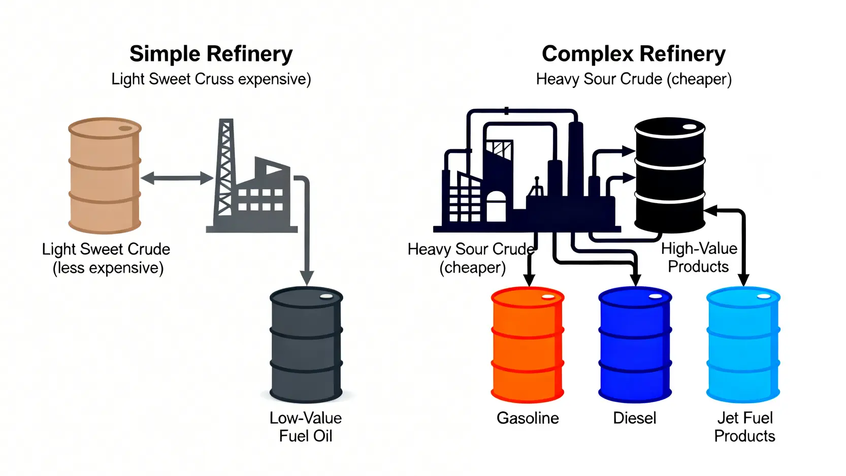 簡單煉油廠與複雜煉油廠的對比圖,顯示兩者在原料選擇和產出產品價值上的差異。