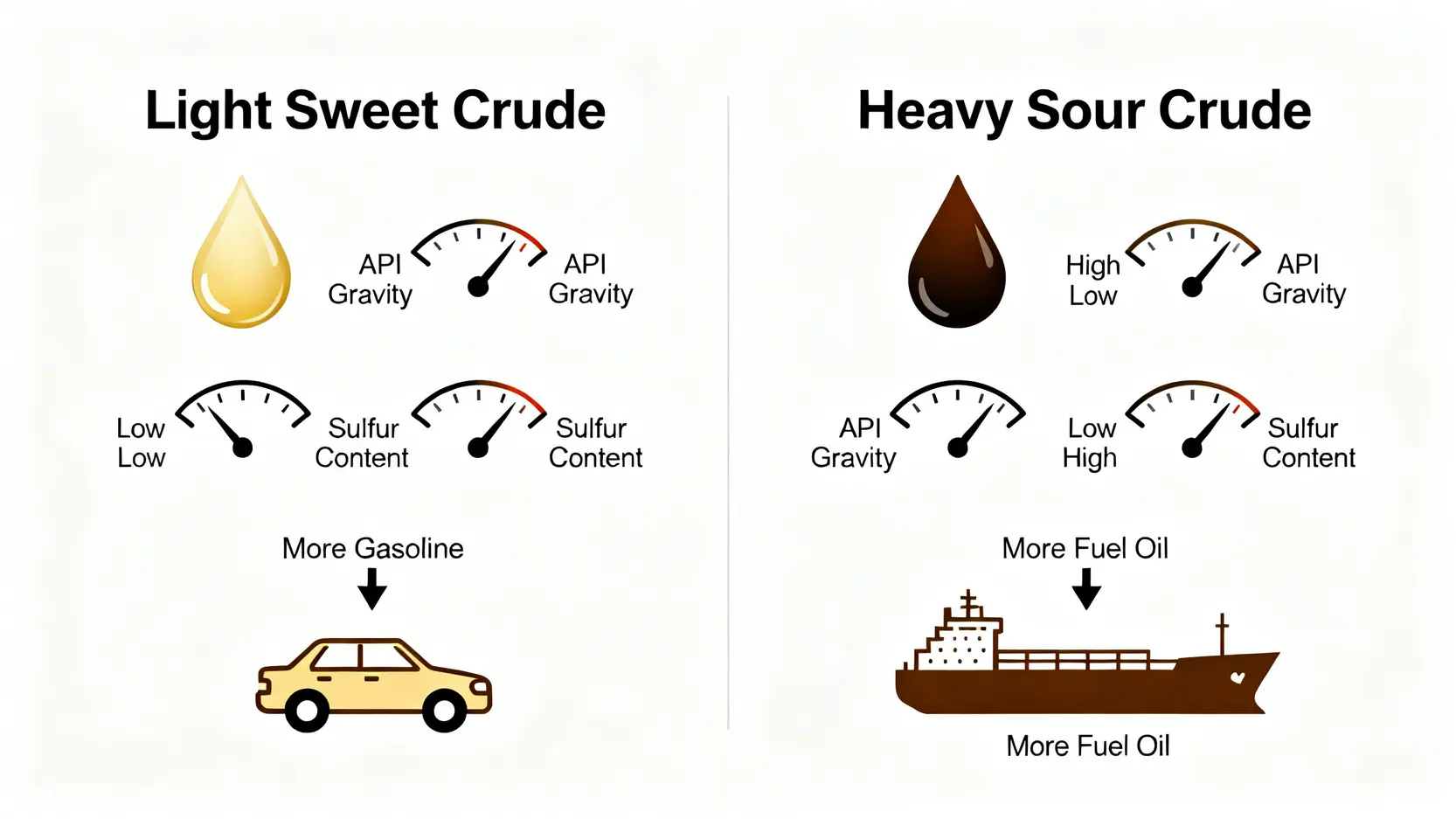 輕質低硫原油與重質高硫原油的特性與產出對比圖,顯示輕質油產出更多汽油。