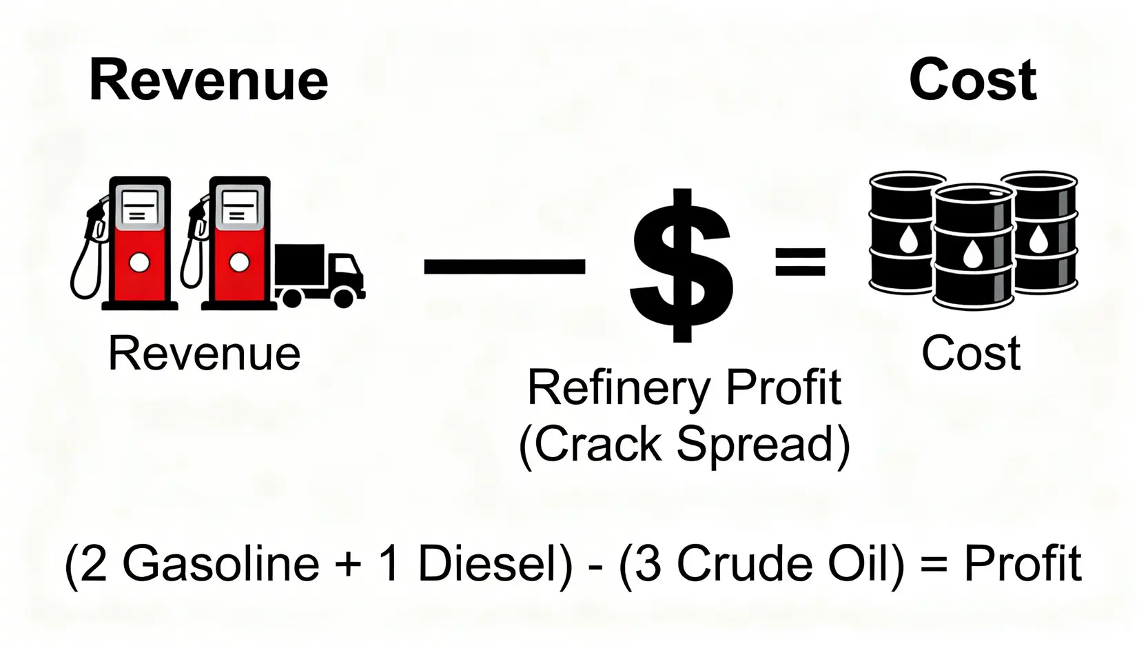 3-2-1裂解價差公式示意圖,顯示煉油廠如何透過(2桶汽油+1桶柴油)的收入減去3桶原油的成本來計算利潤。