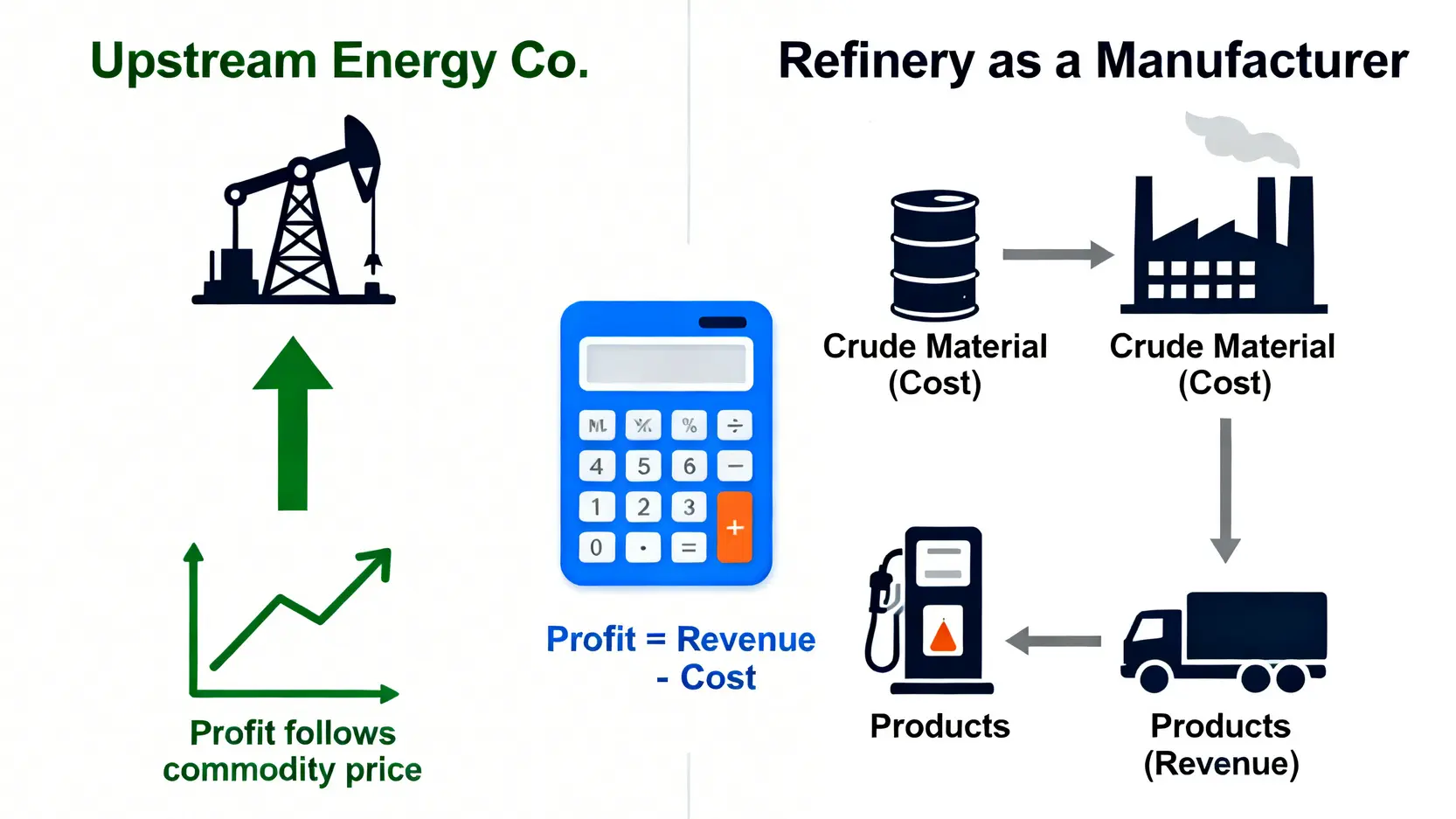 一張對比圖,左邊顯示上游能源公司利潤隨商品價格上漲,右邊顯示煉油廠利潤來自成品收入減去原料成本的價差。