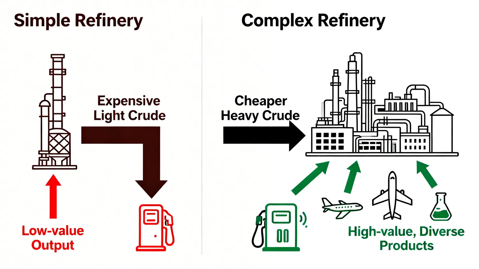 一張對比簡易煉油廠與高複雜度煉油廠的示意圖。簡易煉油廠使用昂貴原油產出低價值產品,而高複雜度煉油廠能用廉價原油產出多樣化的高價值產品。