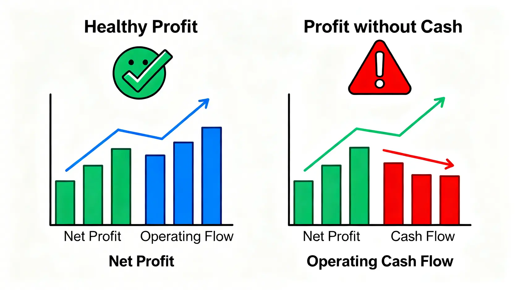 一張對比圖,顯示健康的盈利模式中淨利與營業現金流同步增長,而無現金獲利的危險模式中淨利增長但現金流停滯。