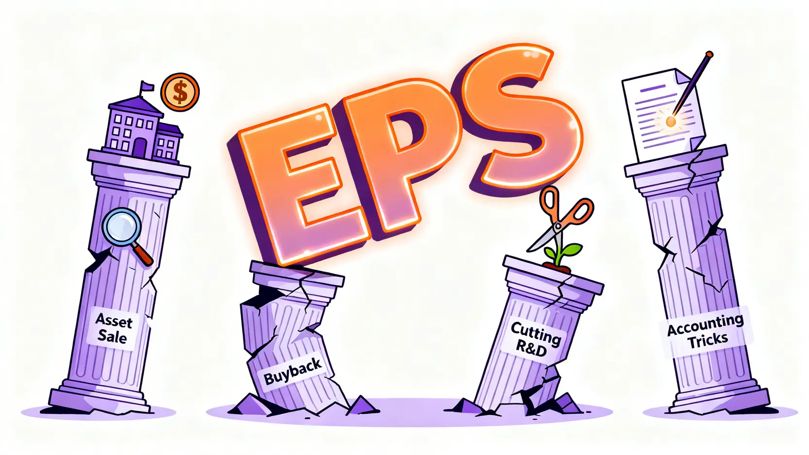 四種美化EPS的財務陷阱示意圖,包括出售資產、股票回購、削減研發和會計財技。