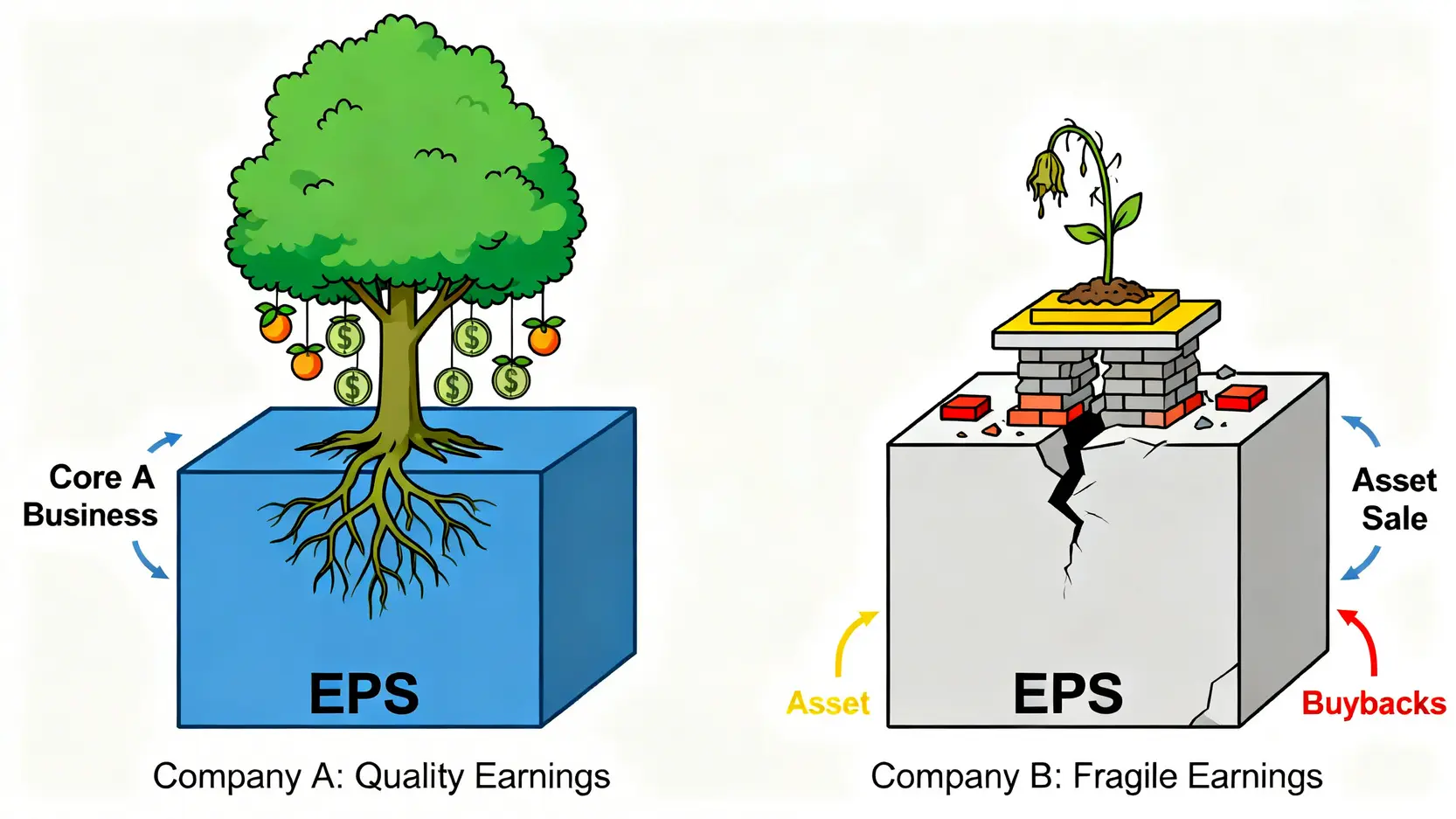 兩家公司盈利品質對比圖,一家來自核心業務穩健成長,另一家依賴一次性收益。