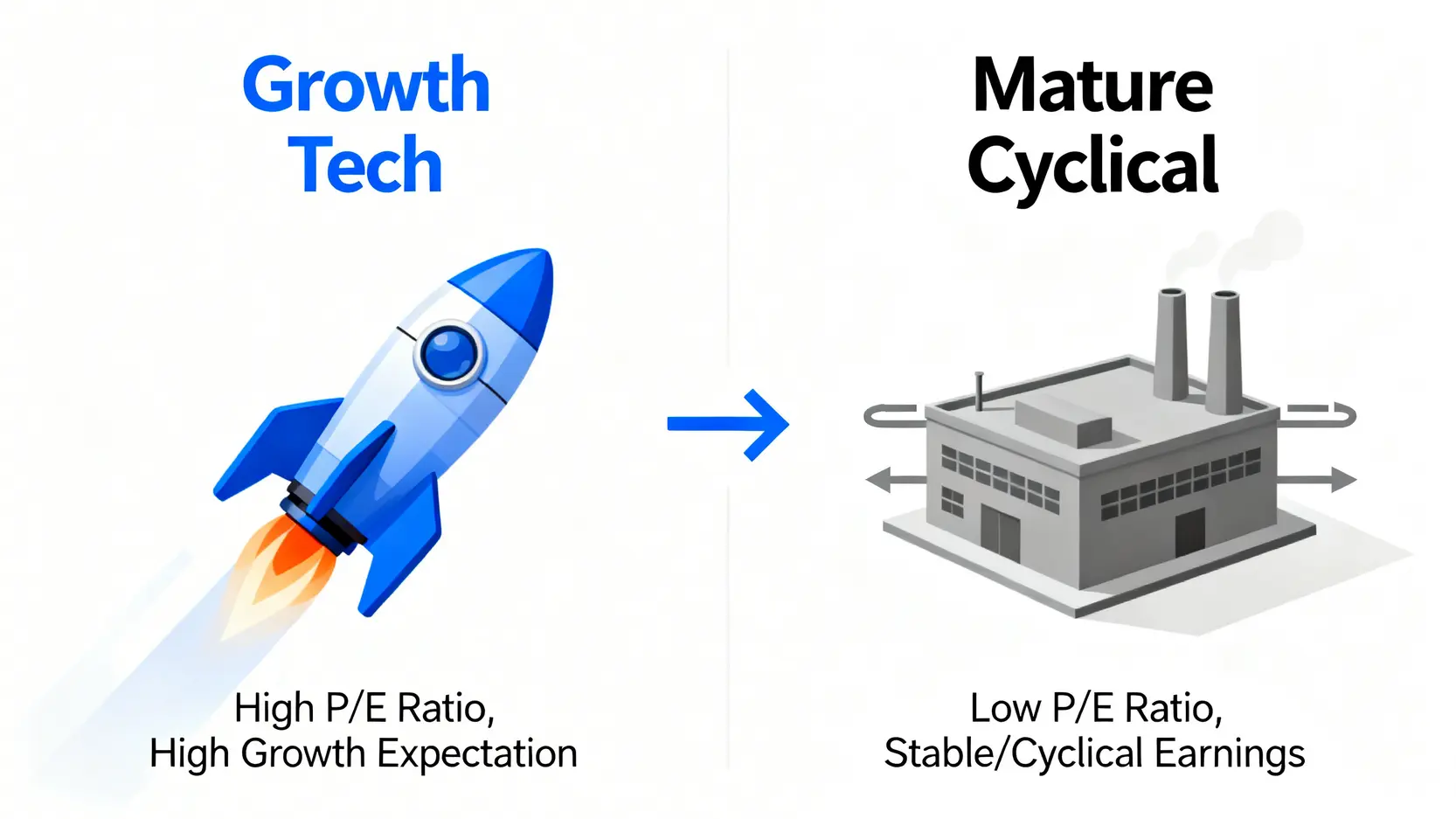 高成長科技股與成熟週期股的對比圖,顯示火箭代表的高成長預期與工廠代表的穩定週期性獲利。