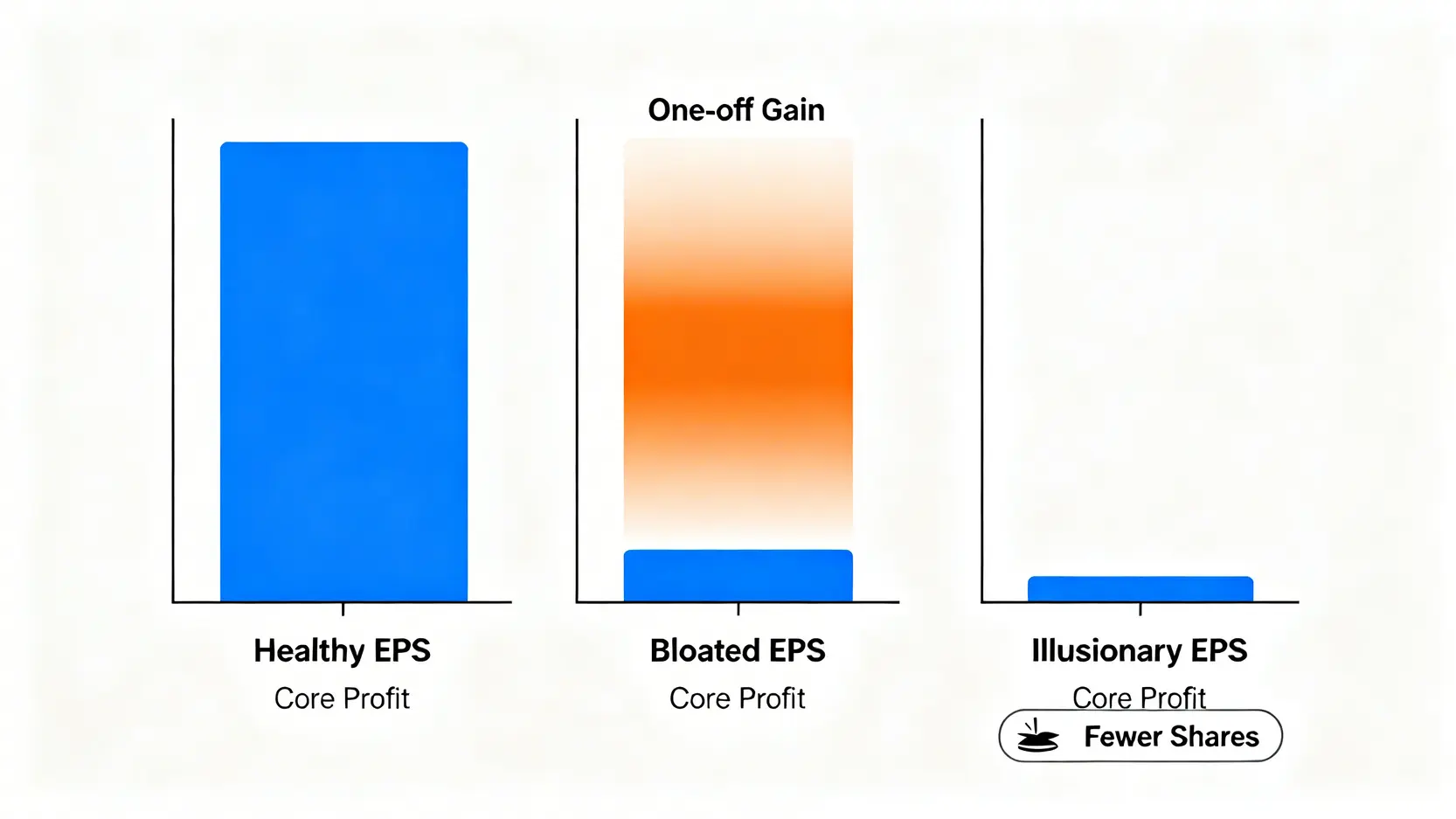 三種EPS構成對比圖:健康的EPS完全由本業獲利構成,虛胖的EPS包含大量一次性業外收益,幻術的EPS則是透過減少股數創造增長假象。