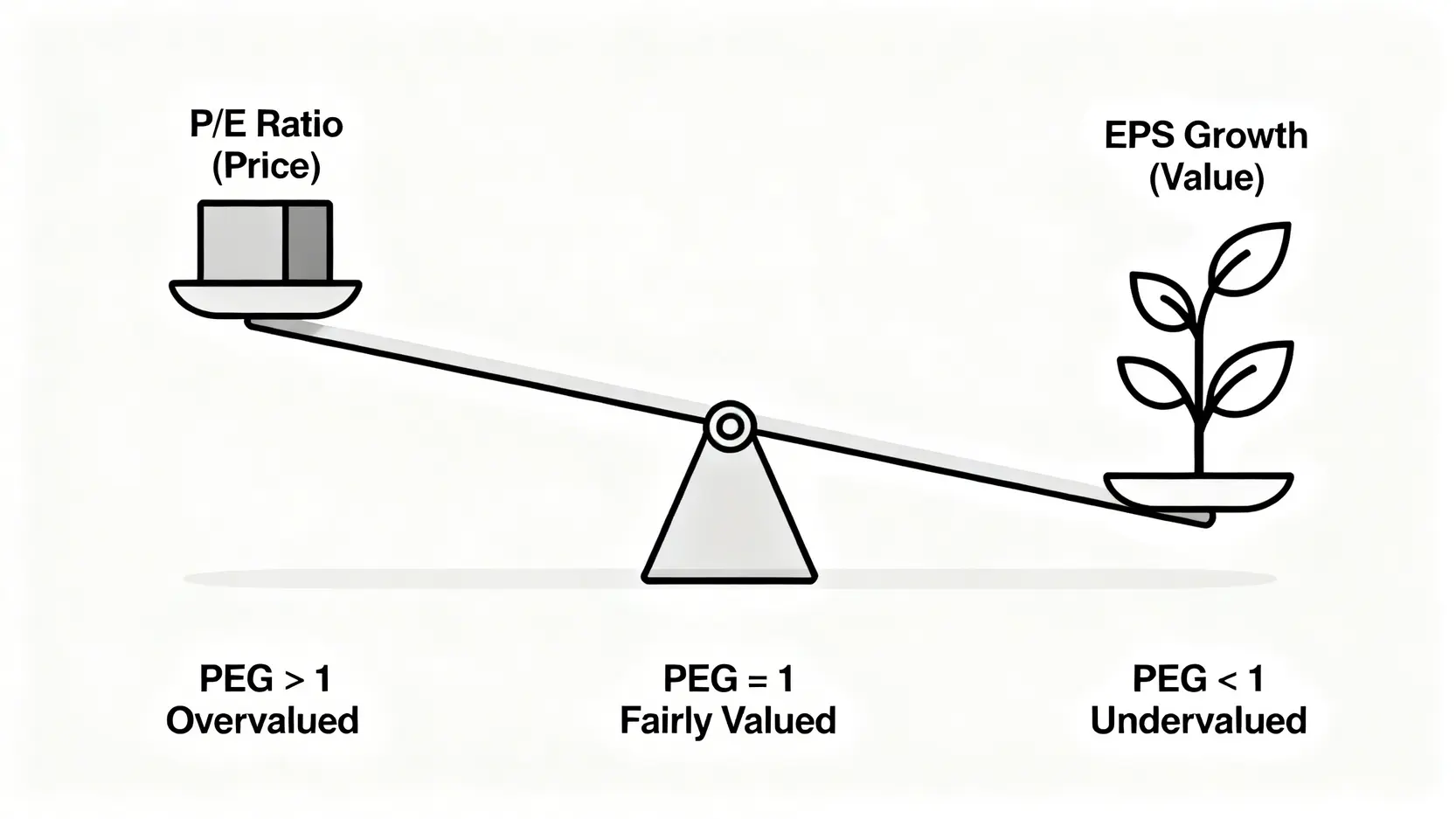 本益成長比PEG示意圖,用天平展示本益比(價格)與EPS成長率(價值)之間的關係,解釋PEG小於1、等於1、大於1分別代表低估、合理與高估。