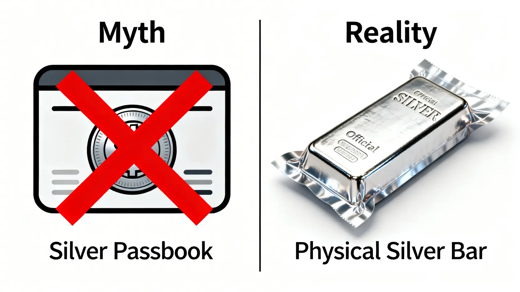 一張對比圖,左邊是打著紅色叉的虛構白銀存摺,右邊是真實存在的實體銀條,破除市場迷思。