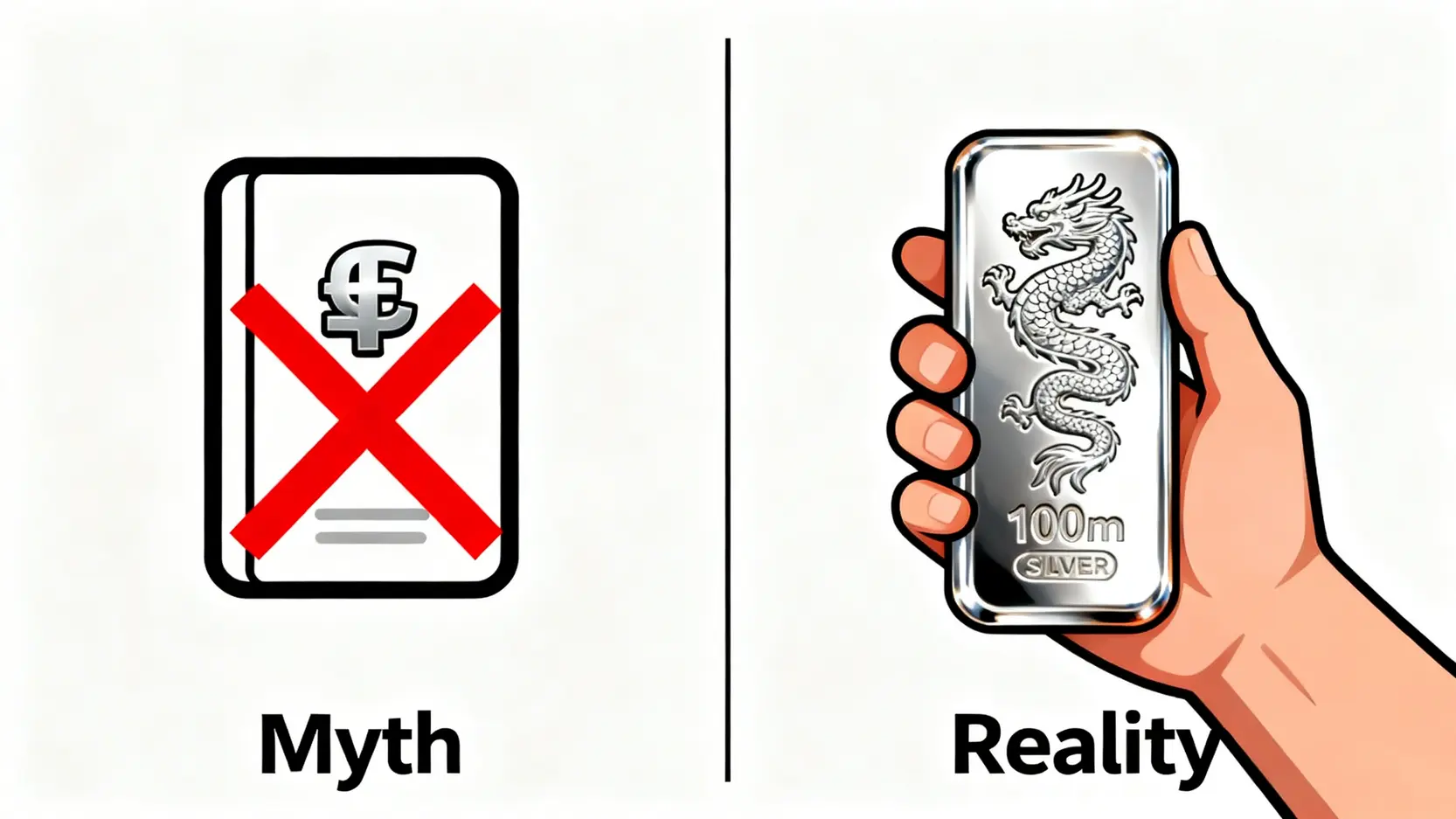 白銀存摺迷思與現實的對比圖,顯示白銀存摺是迷思,而實體白銀條塊是現實。