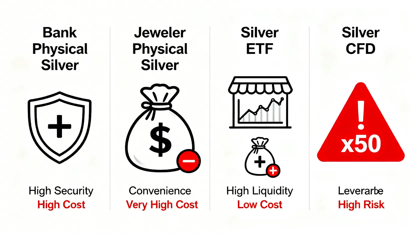 四種白銀投資管道的成本、風險與流動性比較圖,包含實體白銀、銀樓、ETF與CFD。