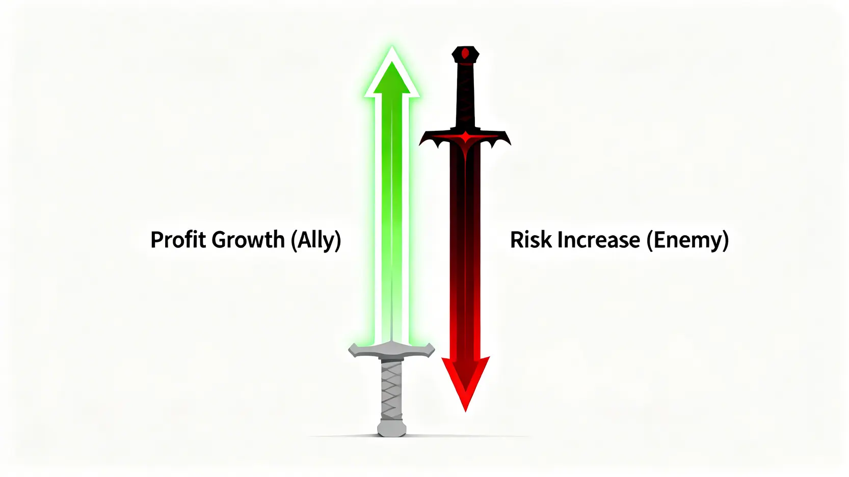 財務槓桿雙面刃概念圖,一面是代表獲利增長的盟友,另一面是代表風險增加的敵人。