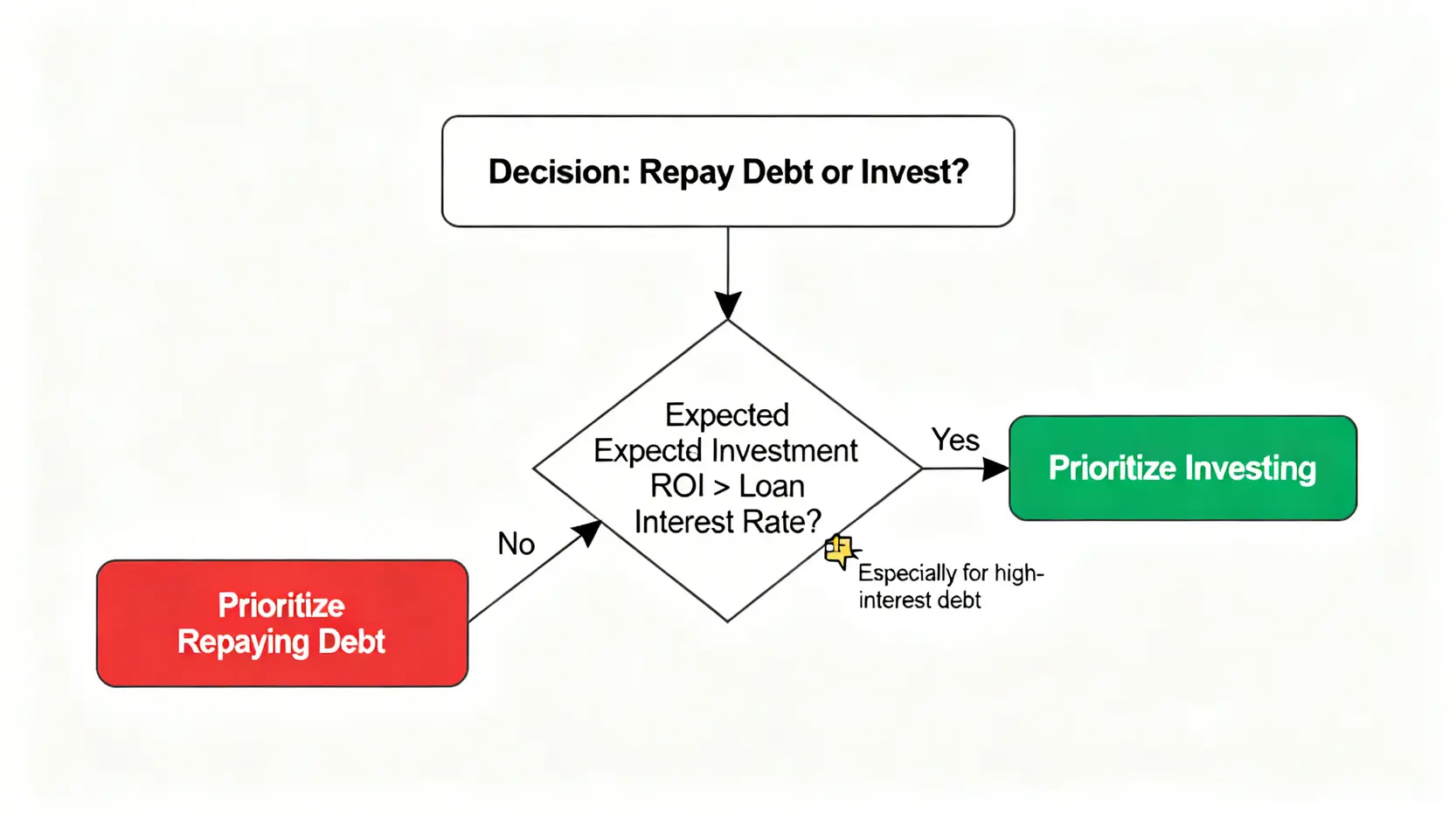 個人理財決策流程圖,比較預期投資報酬率與貸款利率來決定應優先還款還是加碼投資。