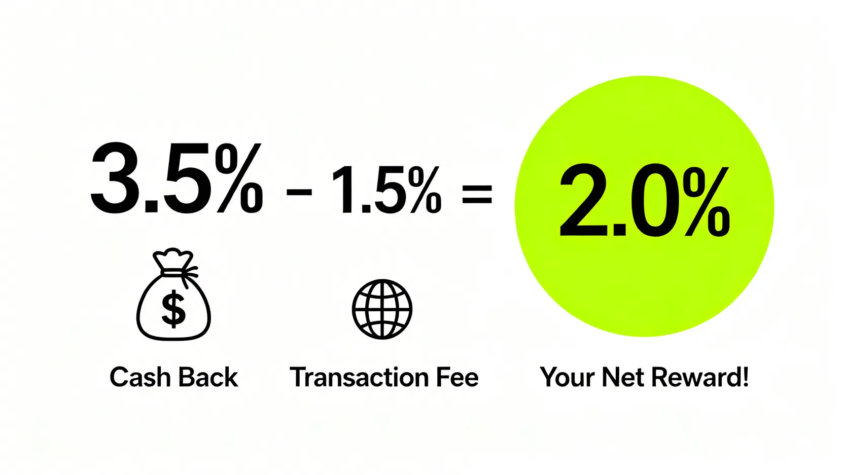 一張公式圖解釋吉鶴卡在日本的回饋計算:3.5%現金回饋減去1.5%海外交易手續費,等於2.0%的淨回饋。