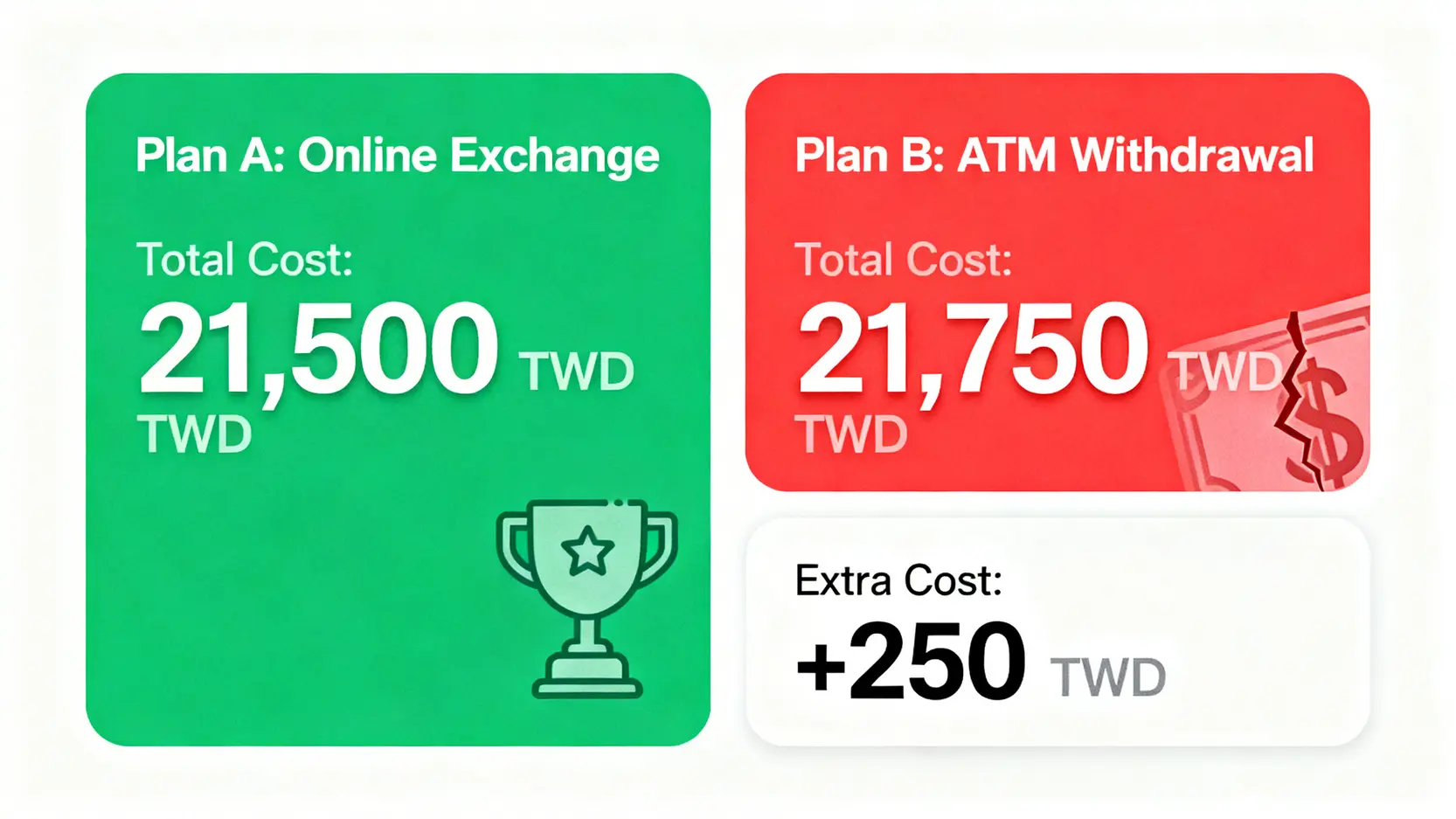 比較線上換匯與ATM提領10萬日圓的總成本,顯示ATM提領多出250元新台幣的隱藏成本。