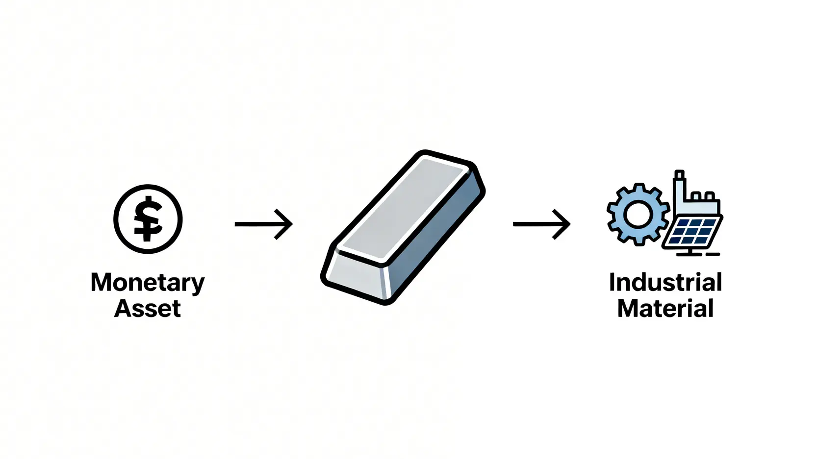 白銀雙重屬性示意圖,顯示其價值同時受到作為貨幣資產的金融需求和作為工業原料的實體需求所驅動。