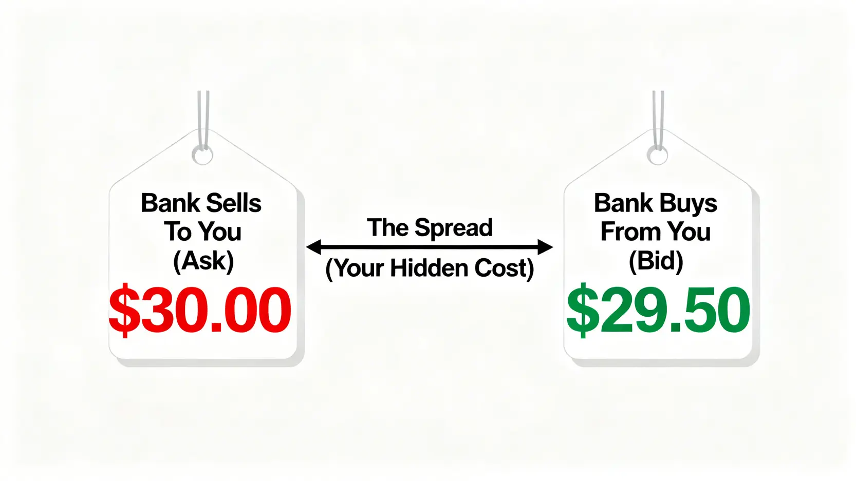 買賣價差的解釋圖,顯示銀行賣出價30元與買入價29.5元之間的差距,這個差距就是投資者的隱性成本。