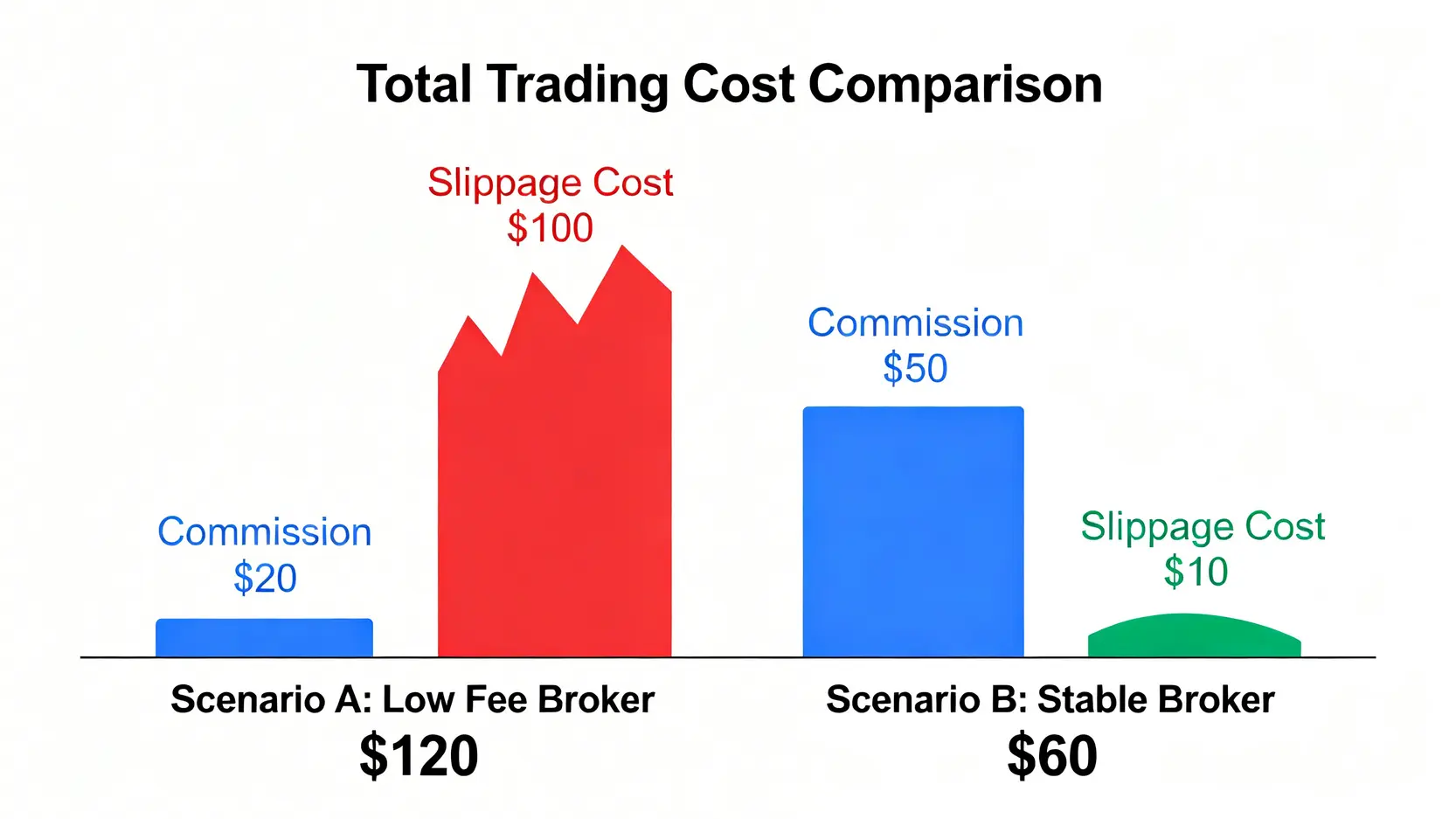總交易成本對比圖,顯示低手續費券商因較高的滑價成本,導致總成本反而高於手續費較高但執行穩定的券商。