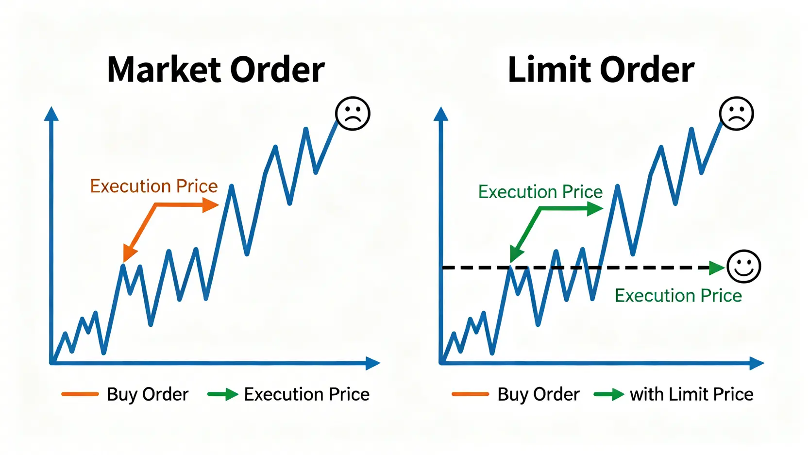 市價單與限價單的比較圖,顯示市價單可能因價格波動而成交在較差的價位,而限價單則能確保成交價不超過設定的價格。