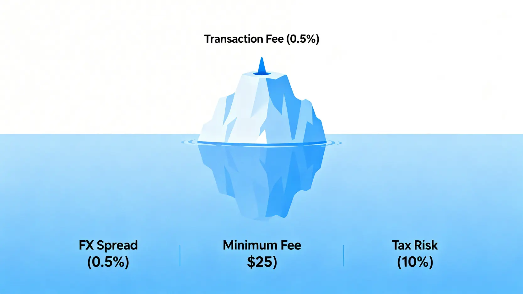 總持有成本冰山圖,顯示交易手續費只是冰山一角,水面下還隱藏著換匯成本、最低收費與稅務風險等更多費用。