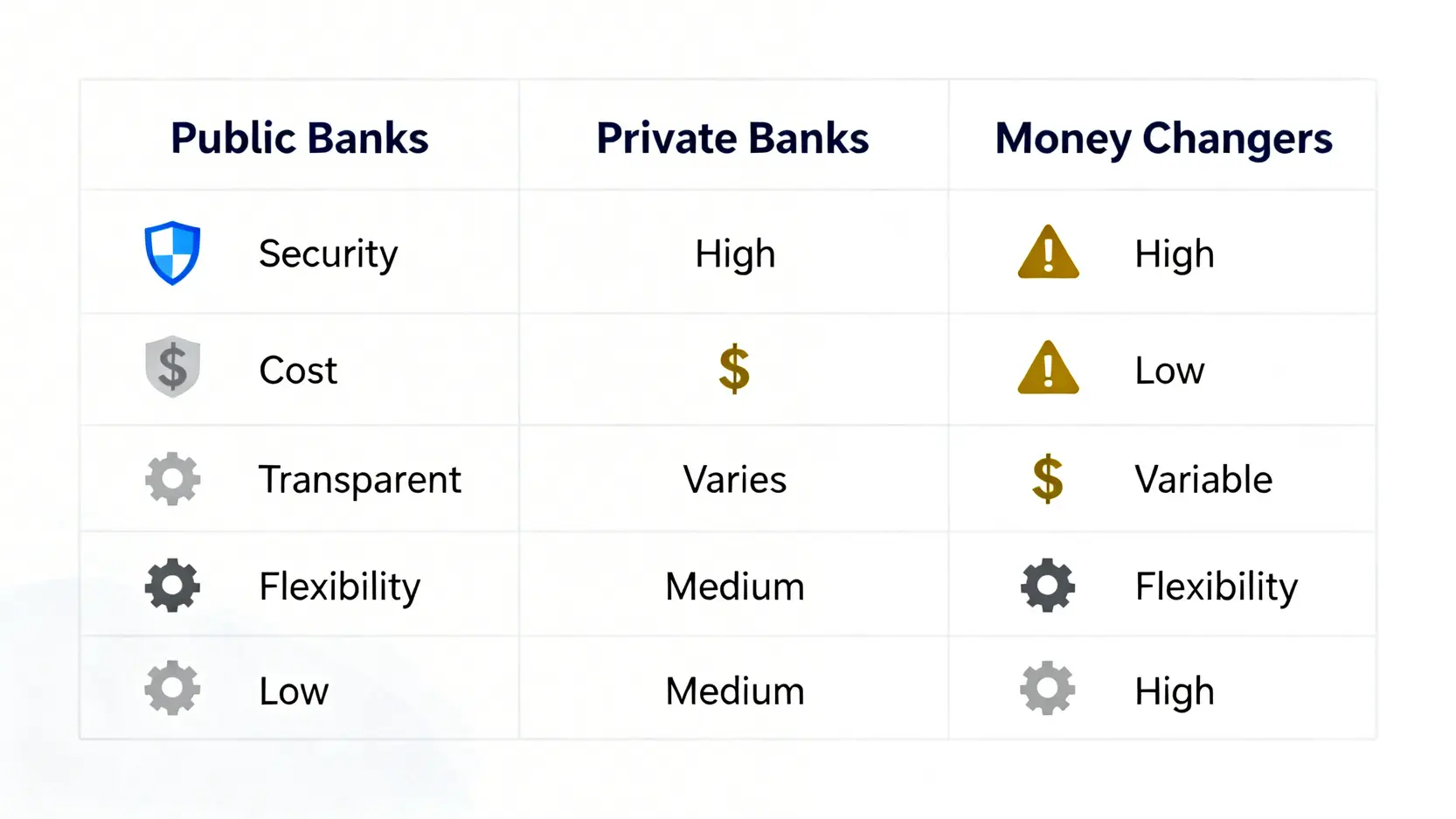 三大舊版美金兌換管道優劣勢比較圖,包含官股銀行、民營銀行與民間銀樓在安全性、成本與彈性方面的對比。