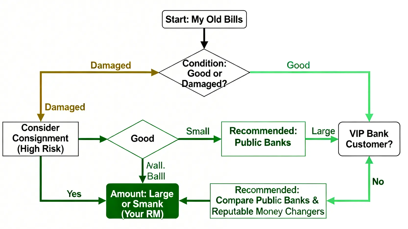 舊版美金換匯決策樹,根據鈔票品相、金額大小與客戶身份,指引最佳兌換管道。