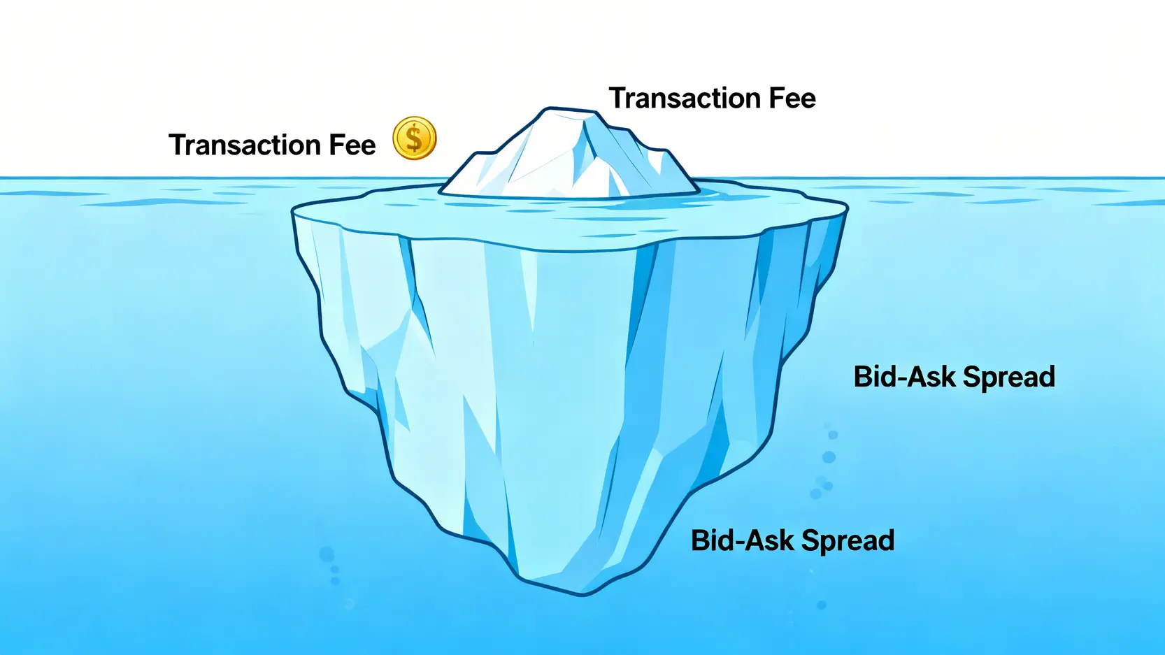 黃金存摺交易成本冰山圖,顯示手續費只是冰山一角,而買賣價差是水下更龐大的隱藏成本。