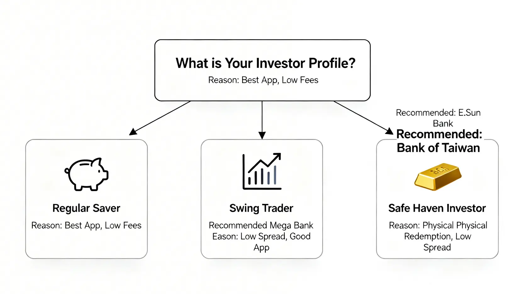 黃金存摺投資者類型決策流程圖,根據定投族、交易者、避險家三種風格推薦最適合的銀行。