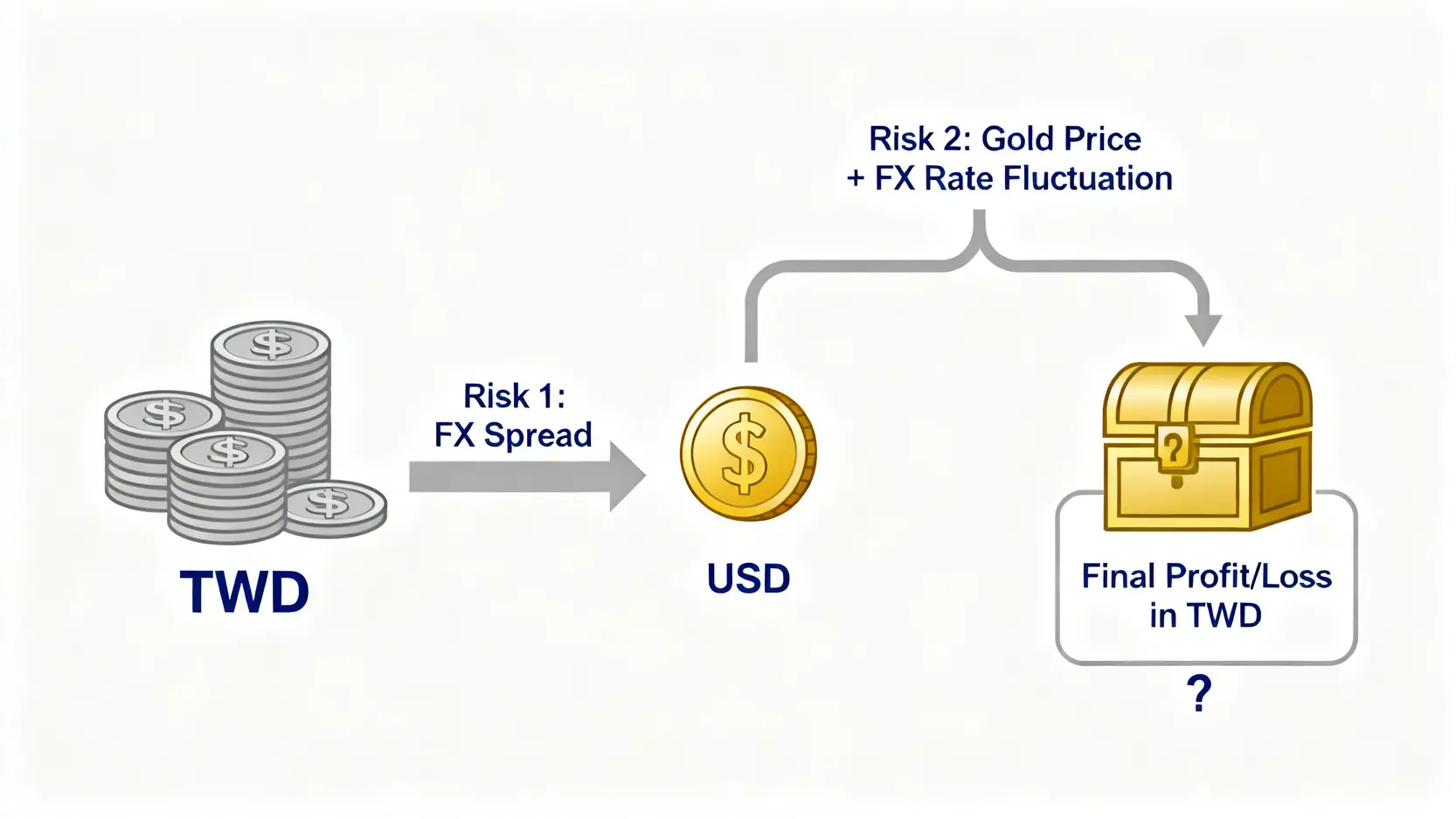 美元計價黃金存摺的雙重風險示意圖,顯示從台幣換匯到美元投資黃金的兩層成本與風險。