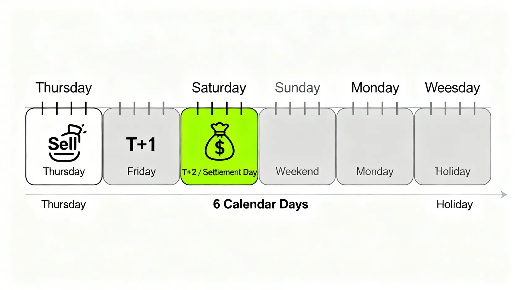 台股賣出ETF遇到連續假日時,資金入帳時間延遲的日曆圖解。