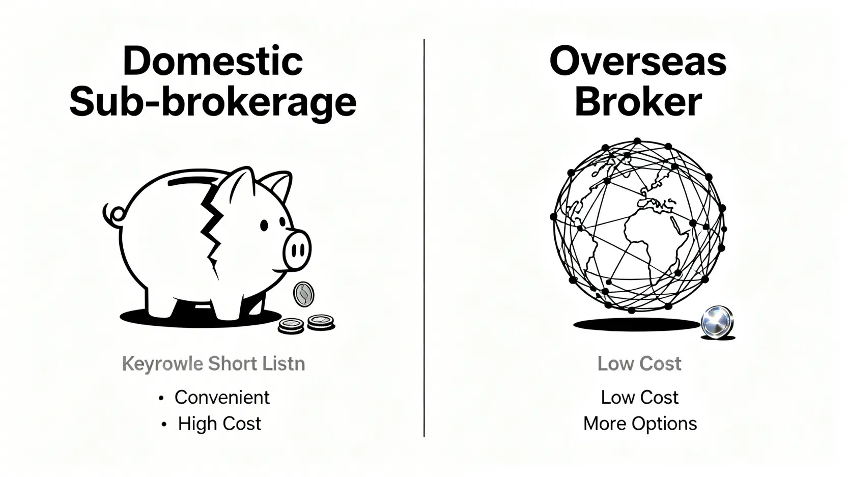 海外券商與國內複委託的優缺點對比圖,顯示複委託方便但昂貴,而海外券商成本低廉且選擇多。