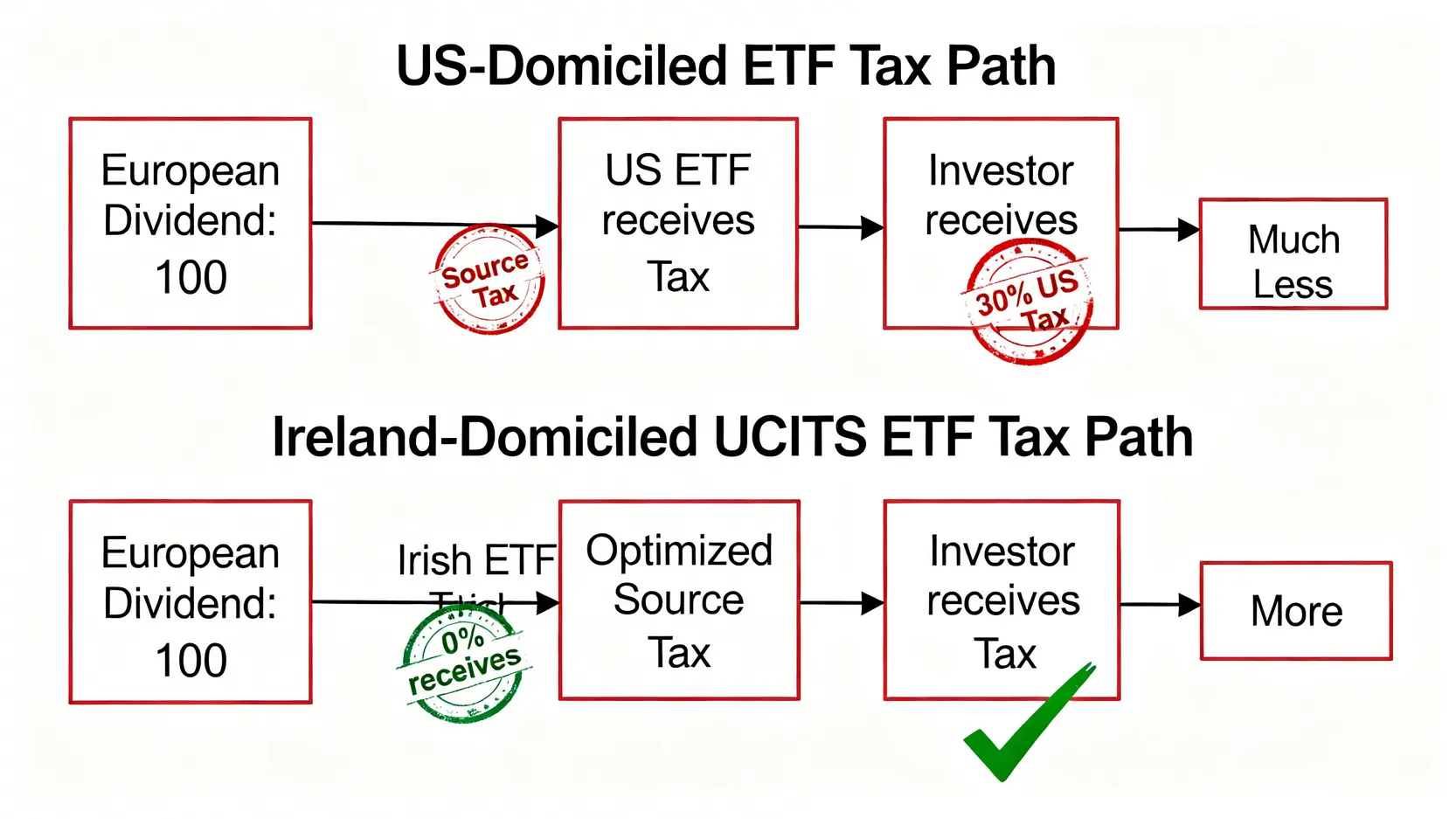 投資歐洲ETF的稅務路徑圖,比較美國註冊ETF被雙重課稅與愛爾蘭註冊ETF僅被課徵一層來源稅的差異。