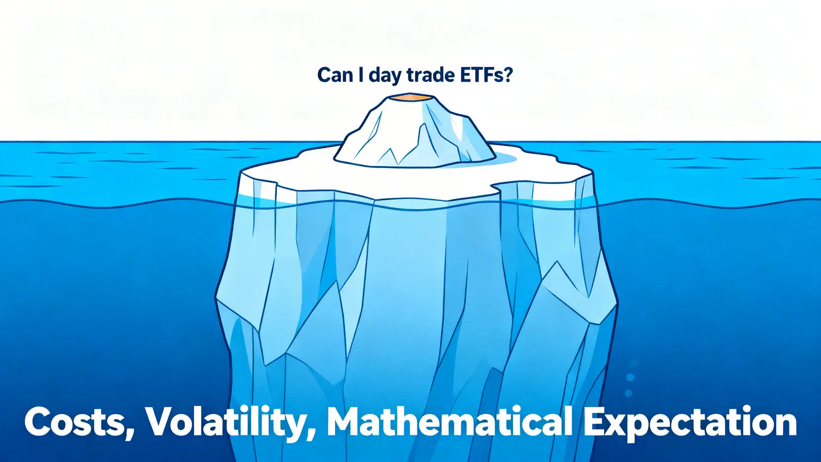 一座冰山,尖端標示著「ETF可以當沖嗎?」,水下巨大基底標示著「成本、波動率、數學期望值」,象徵問題的表層與深層。
