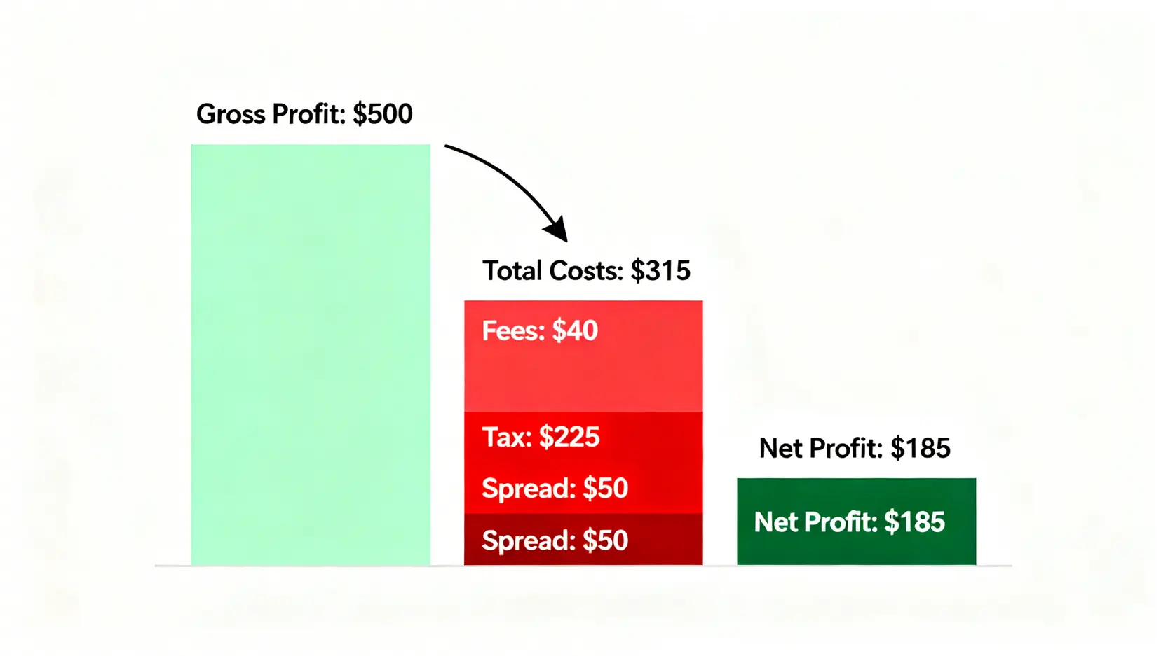 一張長條圖顯示一筆ETF當沖交易的利潤與成本分析,其中500元的帳面獲利被315元的總成本大幅侵蝕,最終淨利僅剩185元。