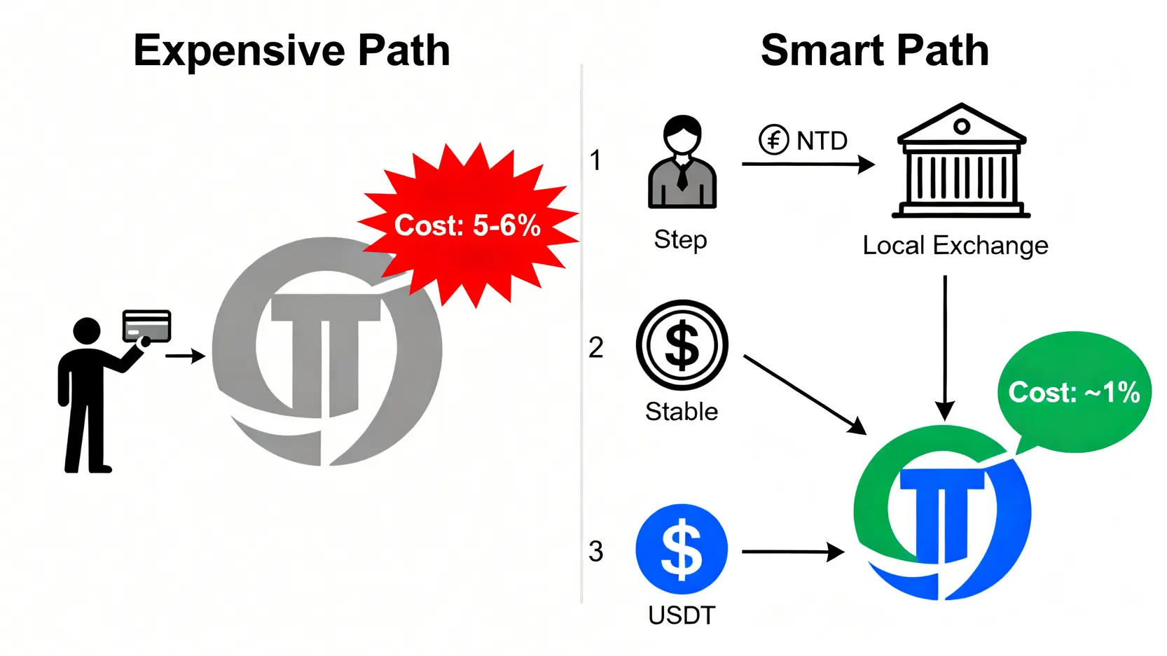 一張比較圖,展示兩種將資金存入Coinbase的方法:左邊是高成本的信用卡直接入金路徑,右邊是低成本的先在台灣交易所購買USDT再轉入的推薦路徑。
