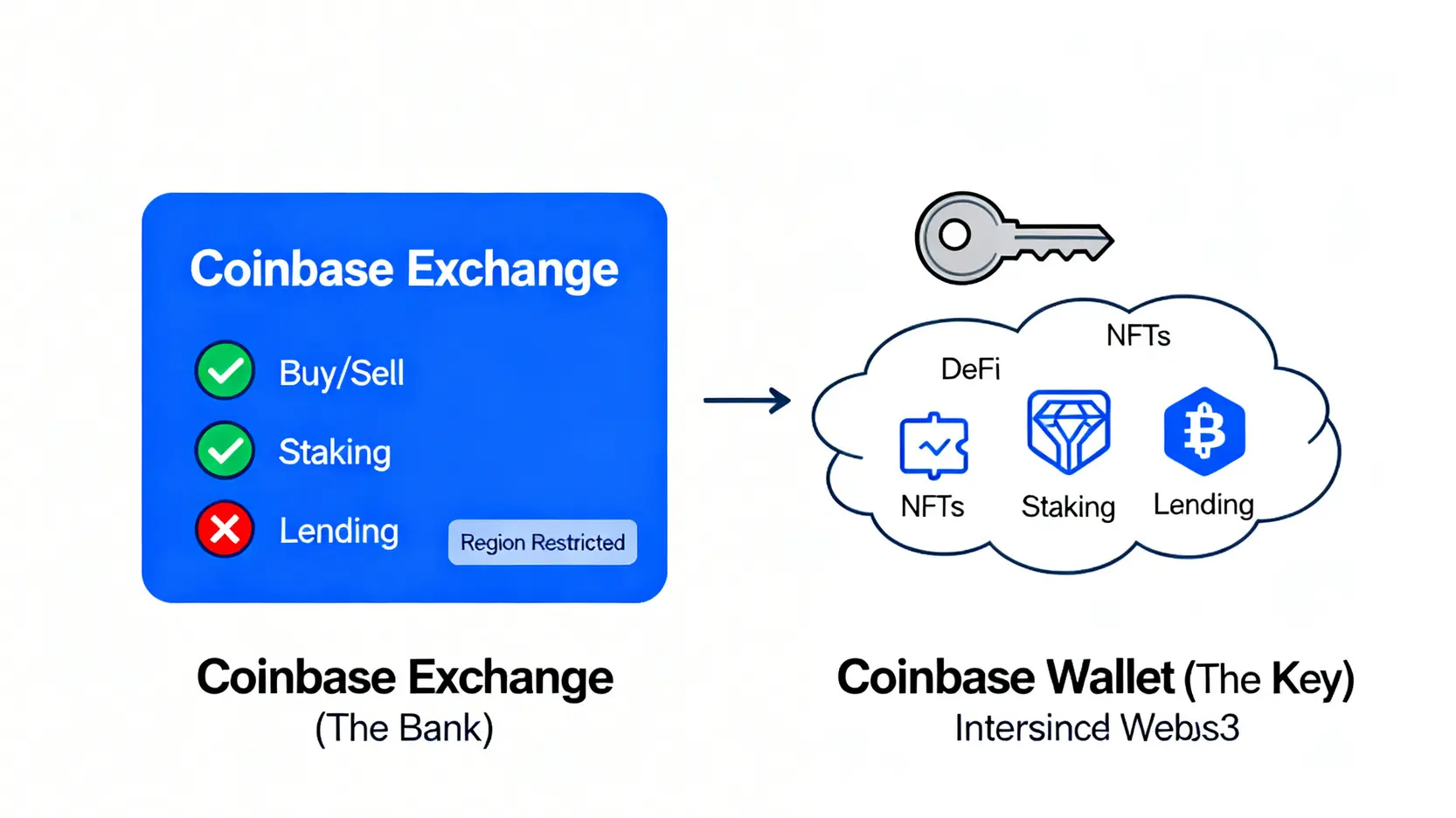 概念示意圖,比較Coinbase主站和Coinbase錢包。主站如同受限的銀行,部分功能不可用;錢包則像一把萬能鑰匙,可自由通往DeFi世界。