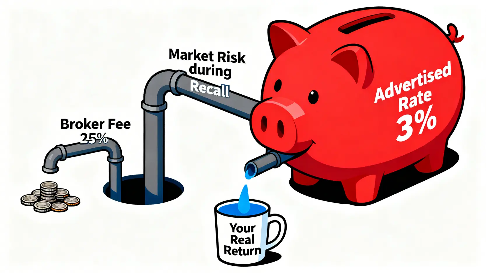 一張概念圖說明股票出借的真實報酬率,顯示一個標示3%利率的存錢筒,被券商費用和市場風險兩個管道大量抽走,最終的實際回報所剩無幾。