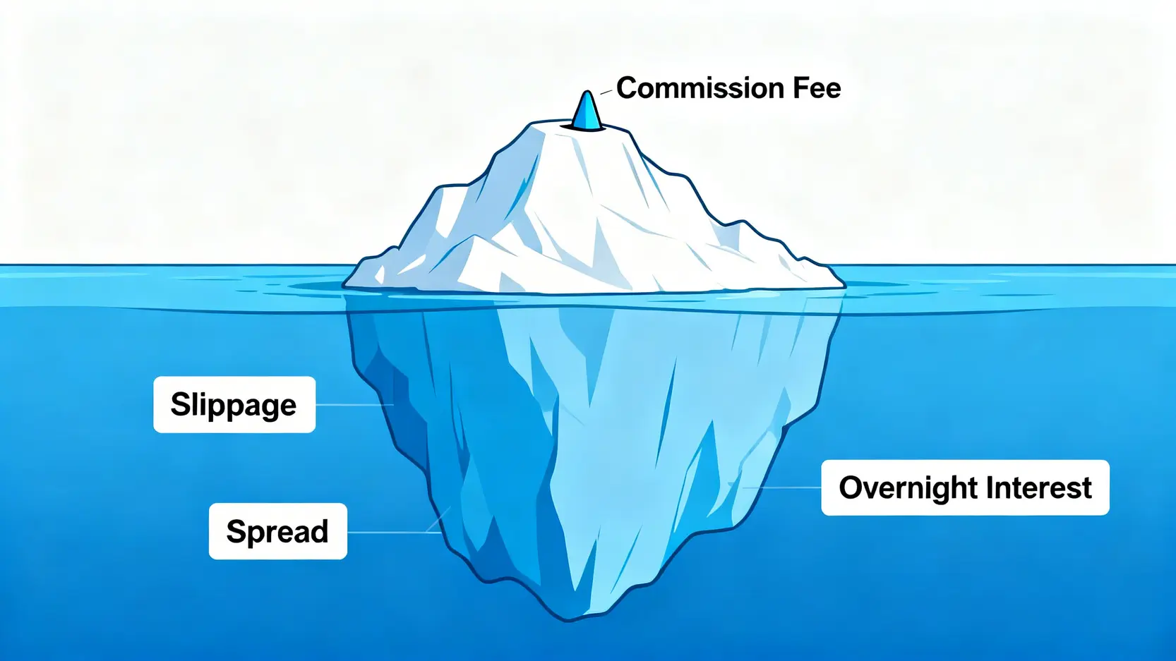 交易總成本冰山圖,顯示手續費只是冰山一角,而滑點、價差等隱藏成本佔據了絕大部分。