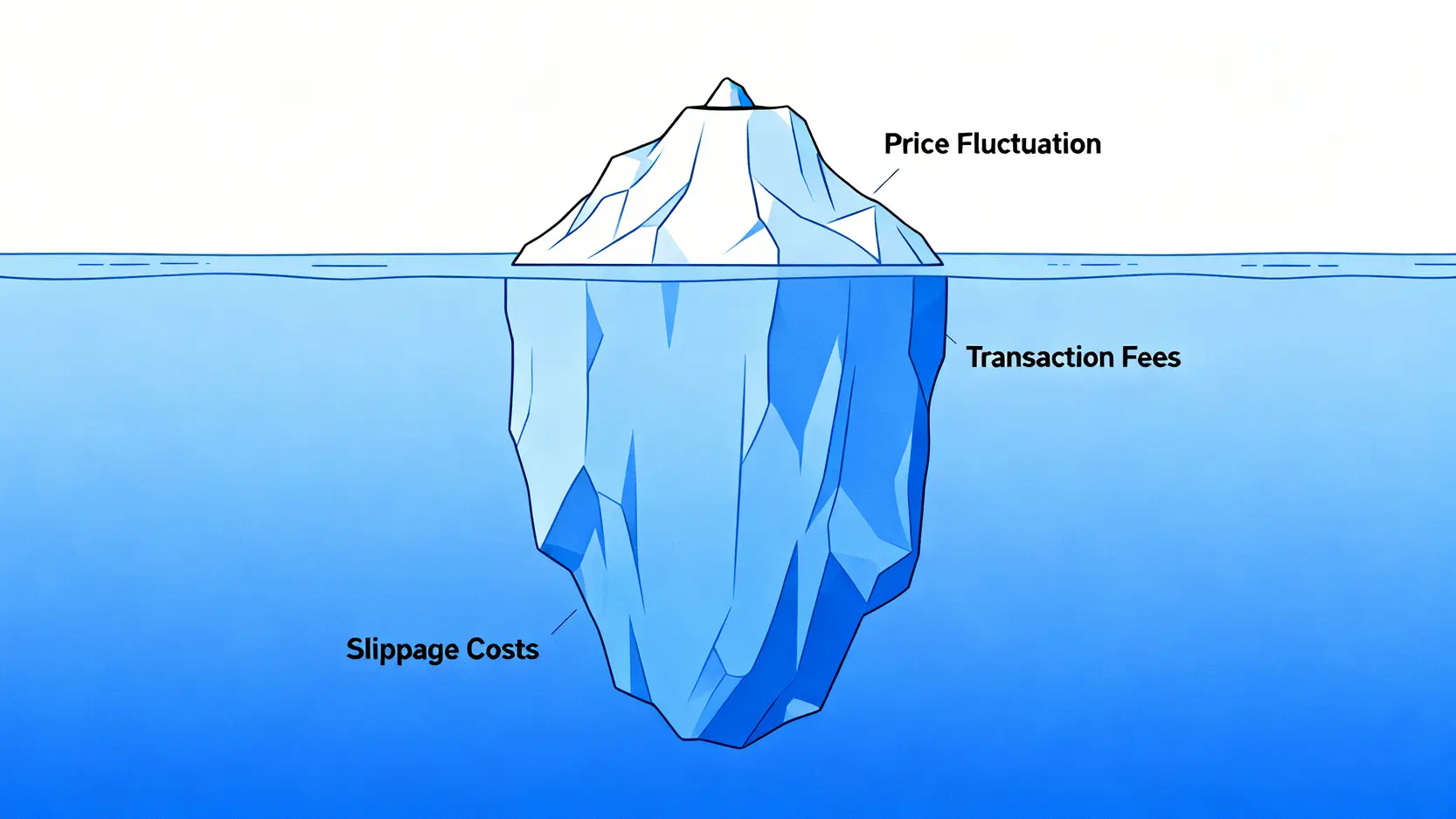 一張冰山示意圖,解釋了加密貨幣投資的隱性成本。水面上的冰山一角標示為「價格波動」,而水下巨大的部分則標示為「交易手續費」和「滑點成本」。