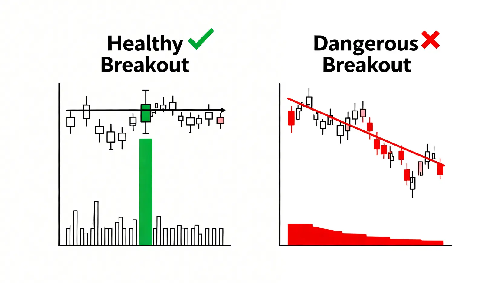 一張對比圖,展示了健康的價格突破與危險的價格突破。左圖顯示價格突破阻力位時,交易量顯著放大。右圖顯示價格突破時,交易量卻在萎縮,這是一個危險信號。