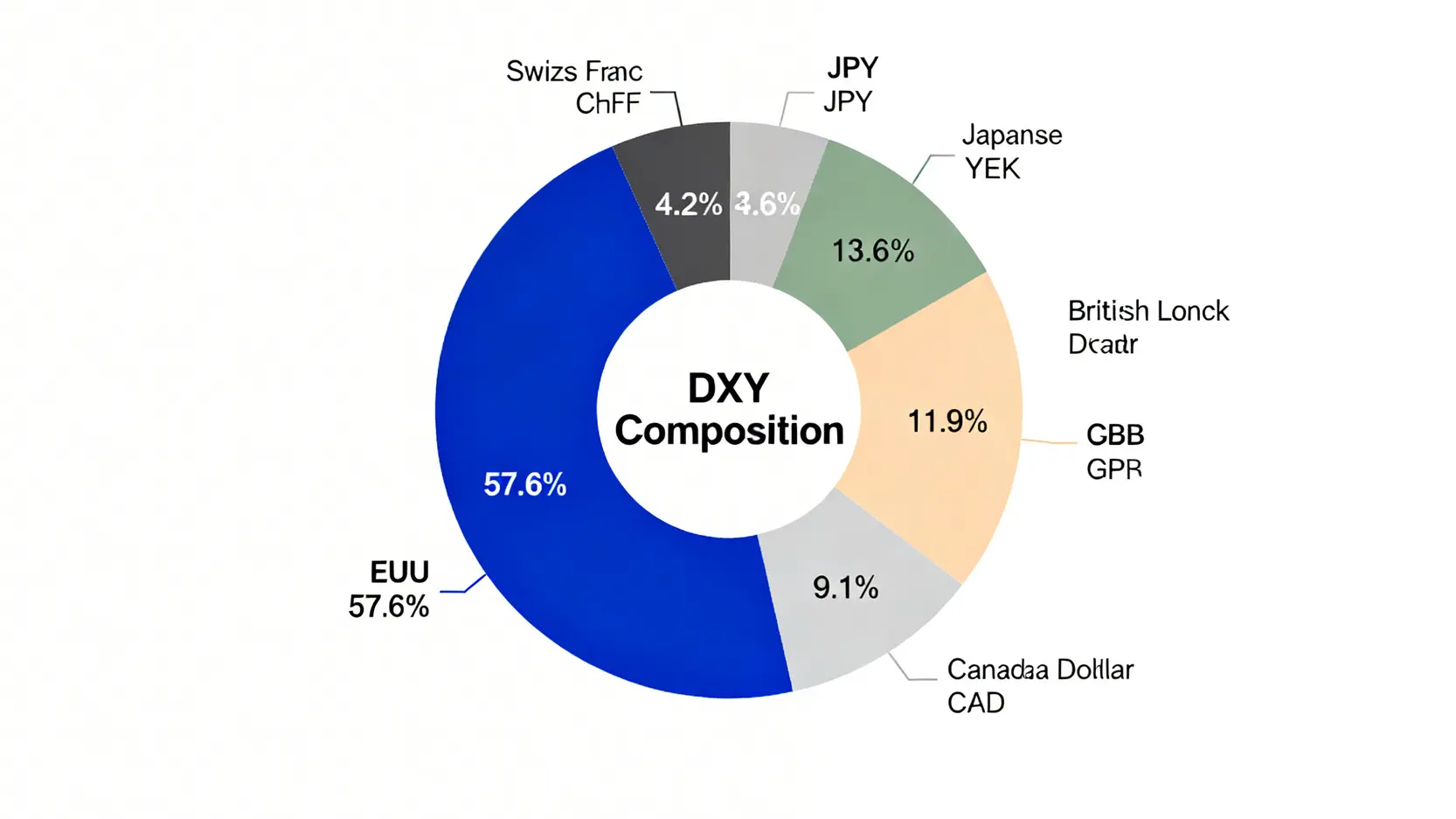 美元指數DXY的貨幣籃子權重分佈圖,顯示歐元佔比超過一半。