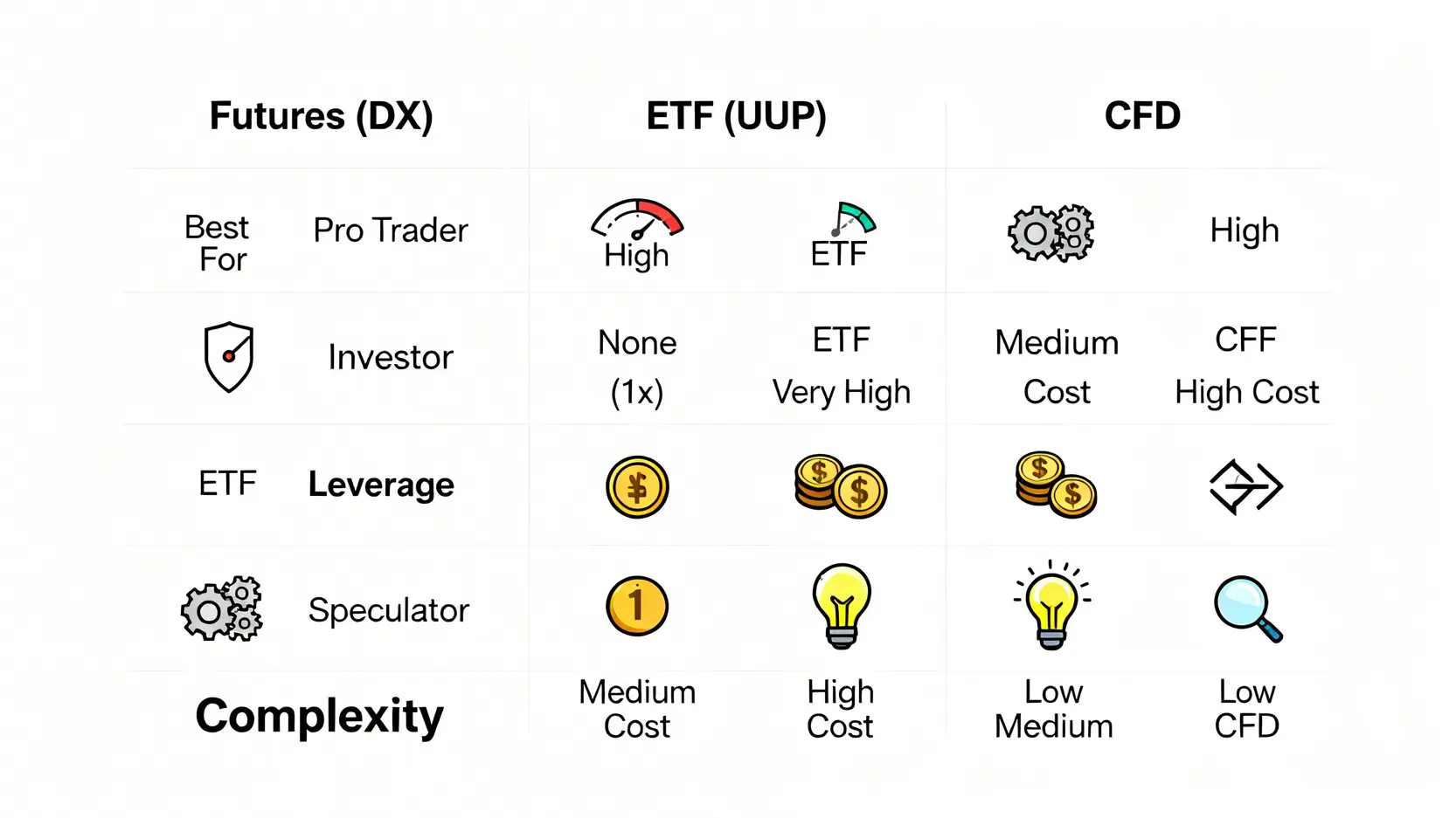 美元指數三大交易工具(期貨、ETF、CFD)的成本、槓桿與適用對象比較圖。