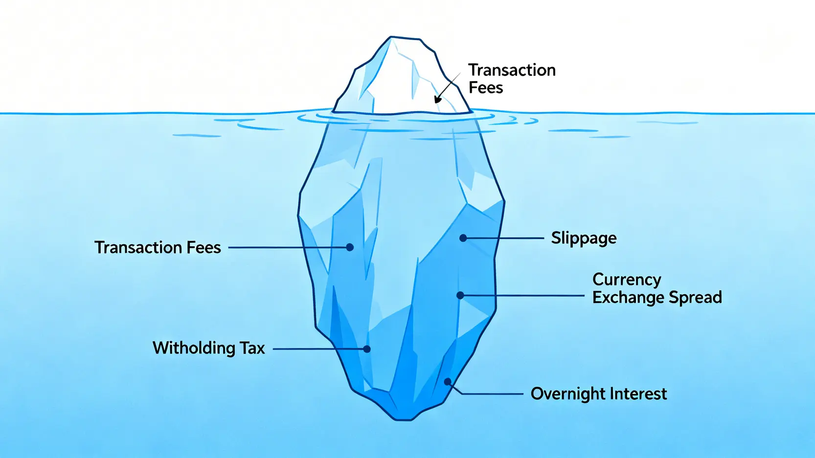 投資成本冰山圖,顯示手續費只是表面,滑點、匯差、股息稅等隱藏成本才是主體。