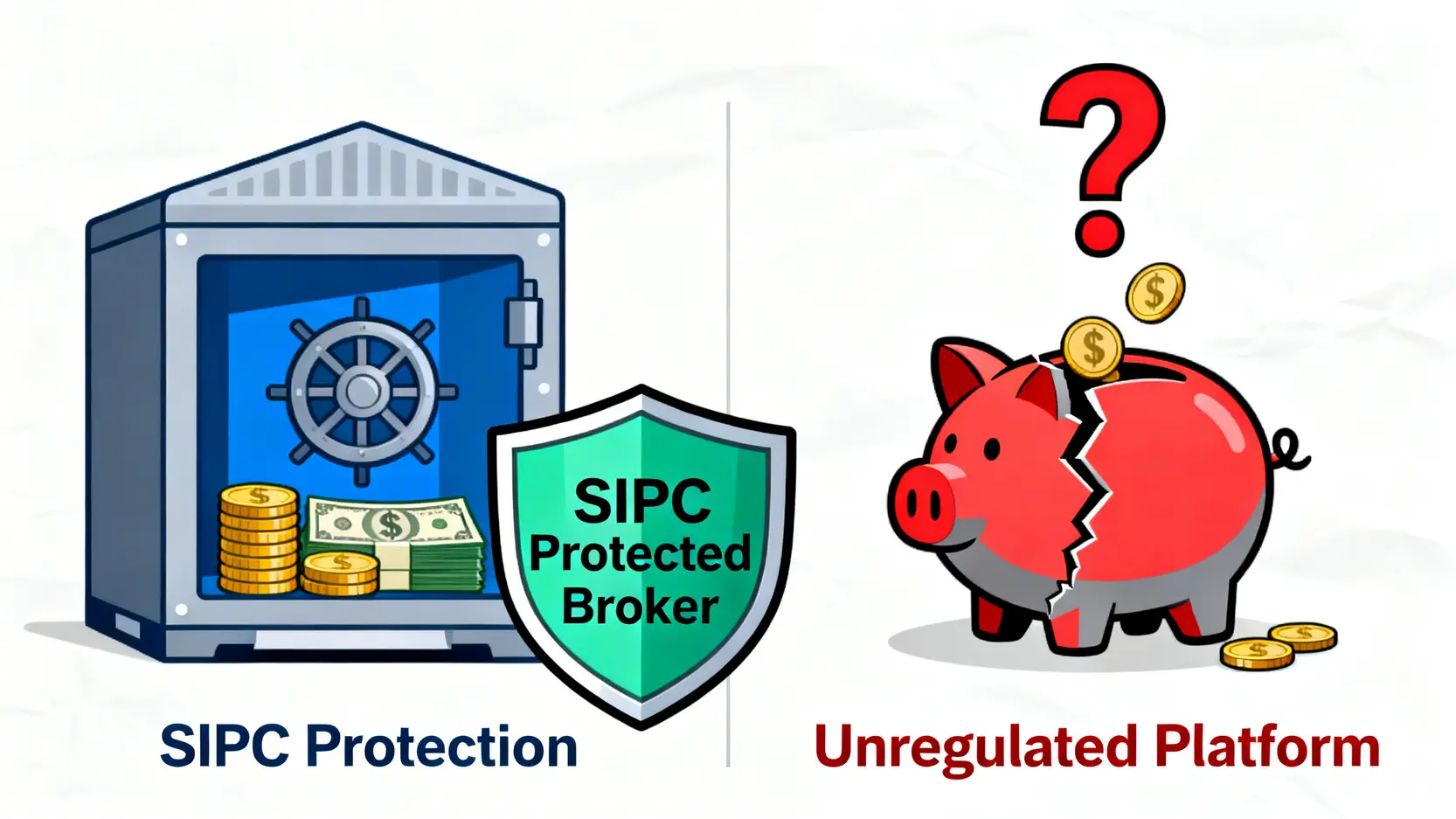 SIPC保障與無監管平台對比圖,顯示受SIPC保障的券商資金安全,而無監管平台存在資金損失風險。