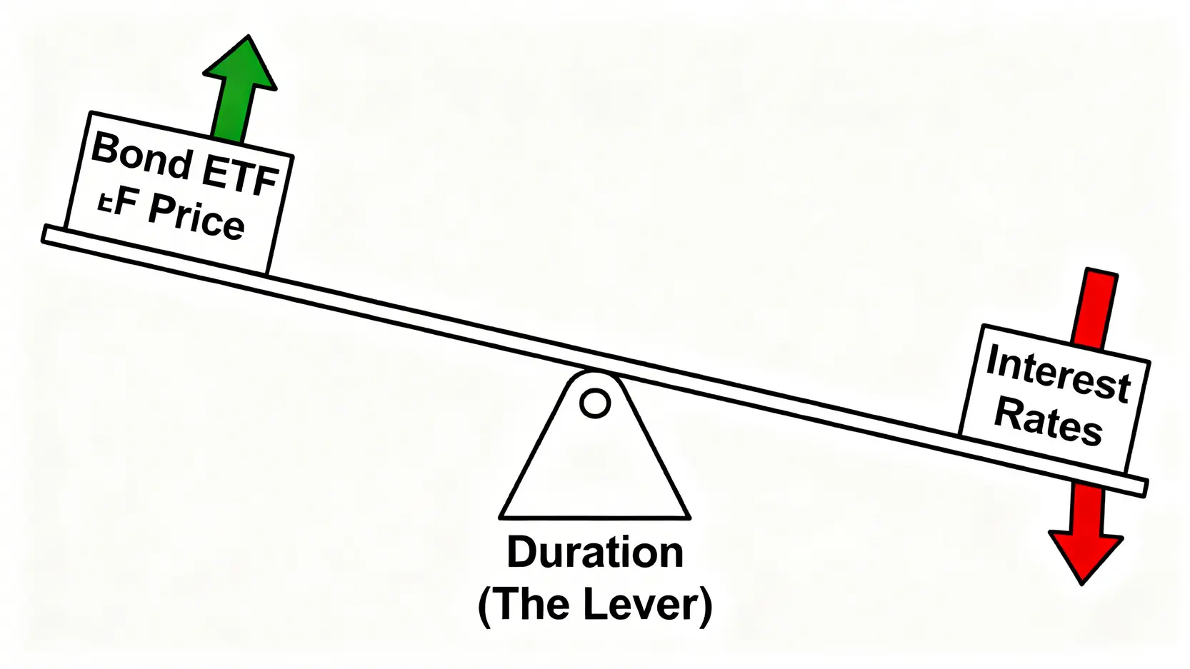 利率與債券價格的蹺蹺板關係示意圖,解釋了存續期間如何影響利率變動下的價格波動。