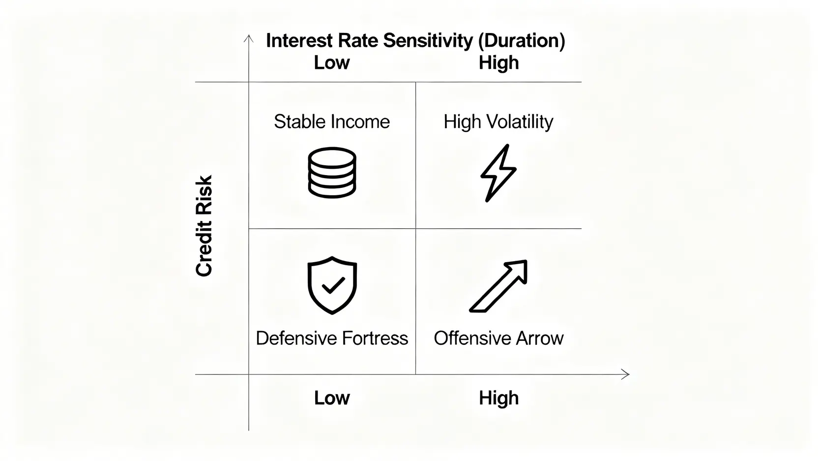 債券ETF風險與機遇矩陣圖,以信用風險和利率敏感度(存續期間)為軸,劃分四種債券策略類型。